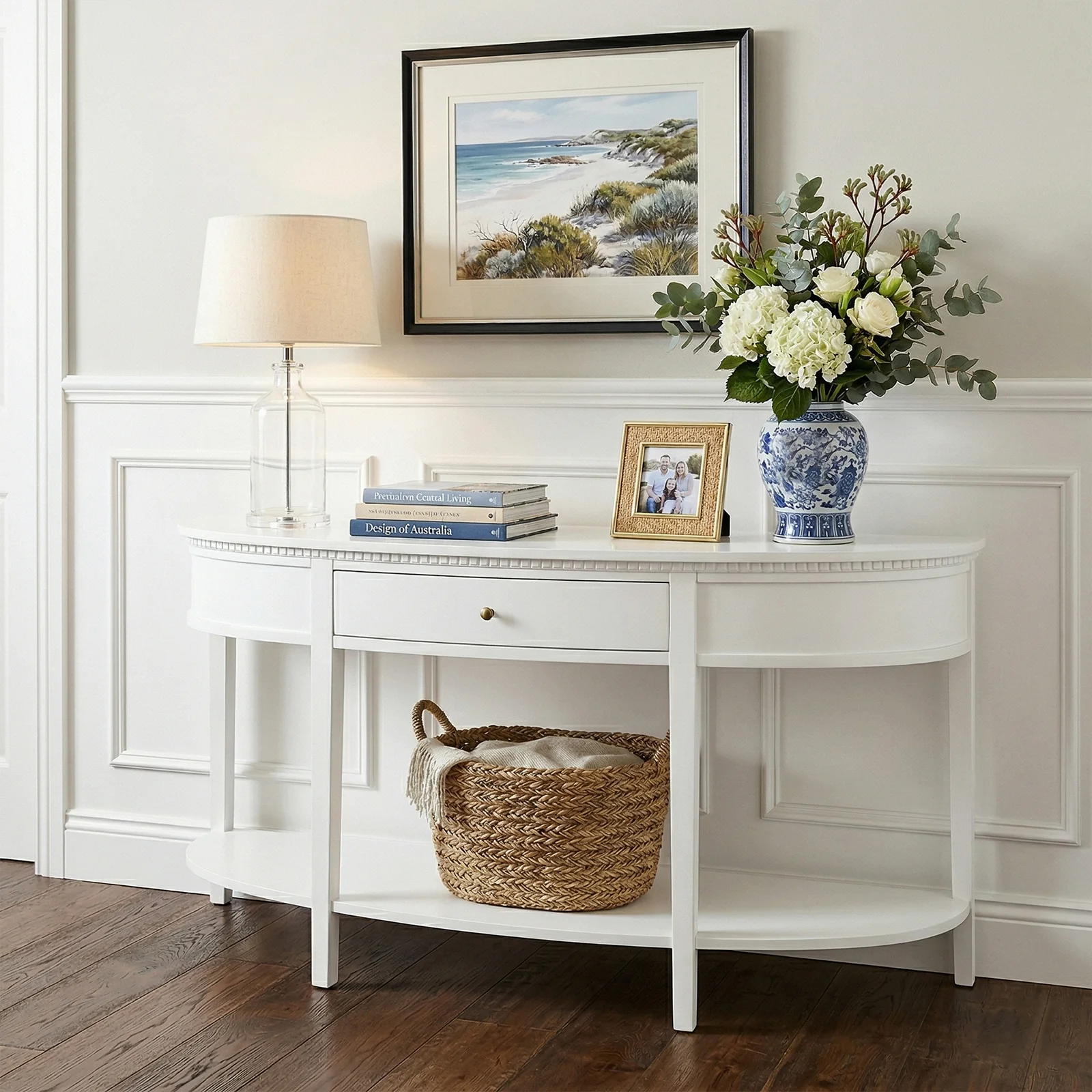 New England Hamptons Half-Moon Curve Hallway Console Table Dentil Molding Design - Image 9