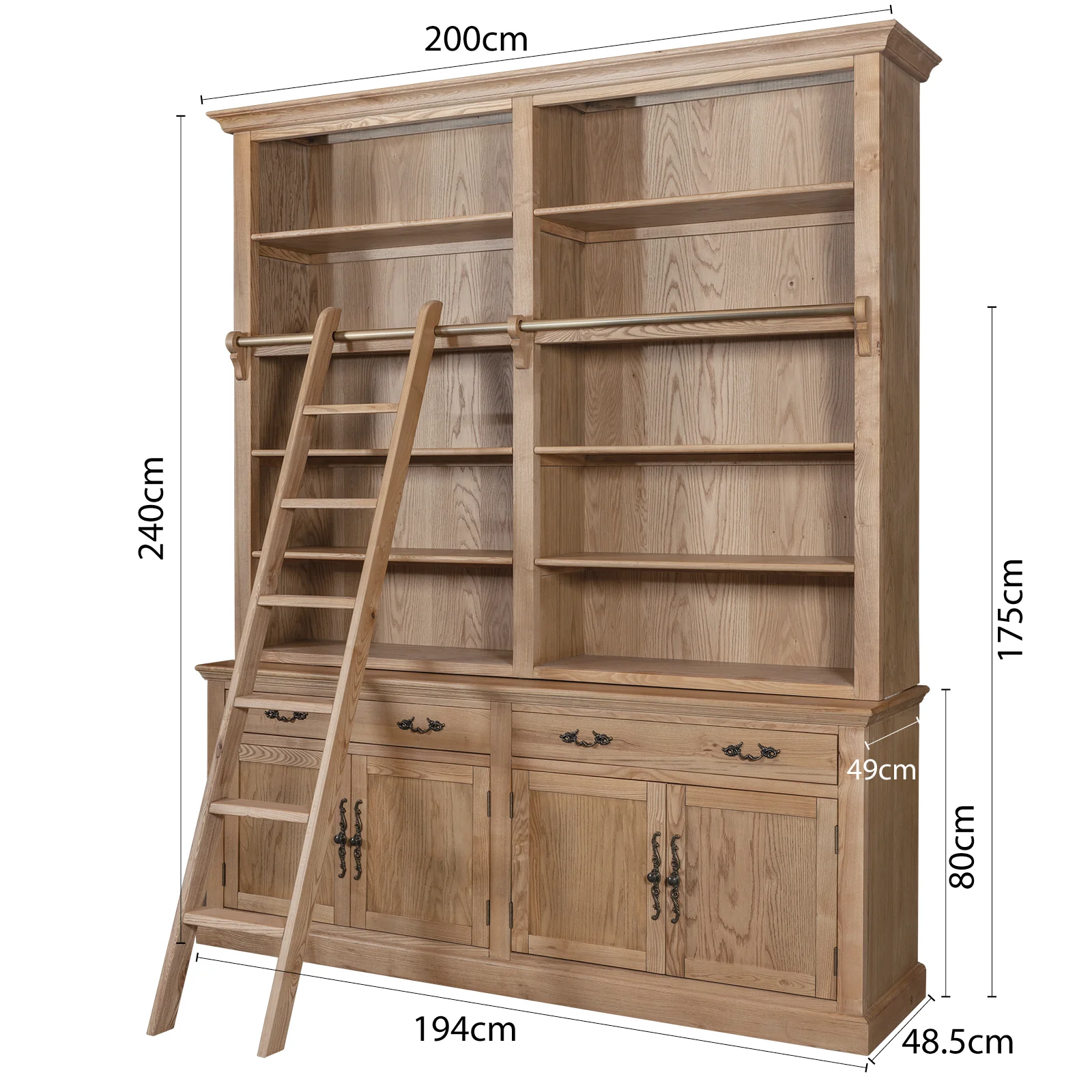Hamptons Coastal Natural Ash Open Double Buffet and Hutch Bookcase with Ladder - Image 17