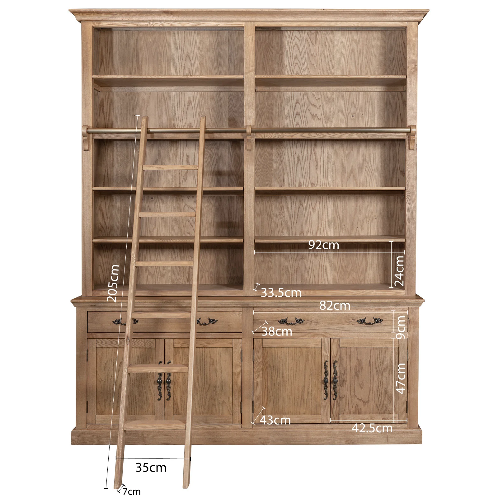 Hamptons Coastal Natural Ash Open Double Buffet and Hutch Bookcase with Ladder - Image 18