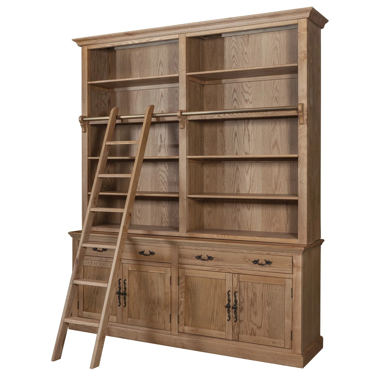 Hamptons Coastal Natural Ash Open Double Buffet and Hutch Bookcase with Ladder - Image 3