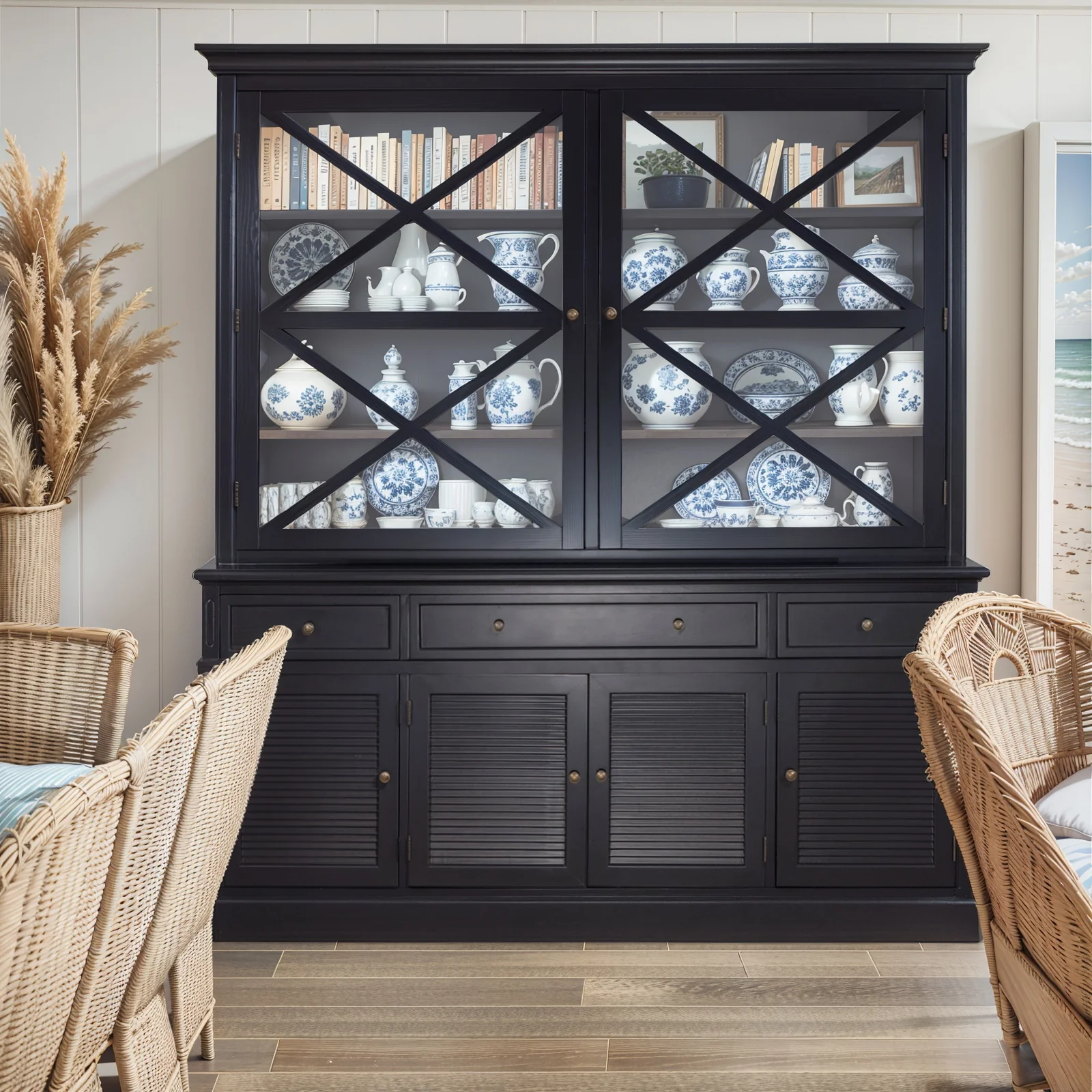 Hamptons Coastal Seaside Glass Hutch Cabinet and Buffet - Image 16