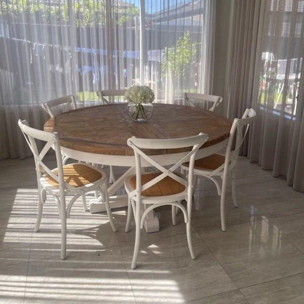 Hamptons Coastal Birch American Oak Rattan Seat Cross Back Dining Chairs - Image 8