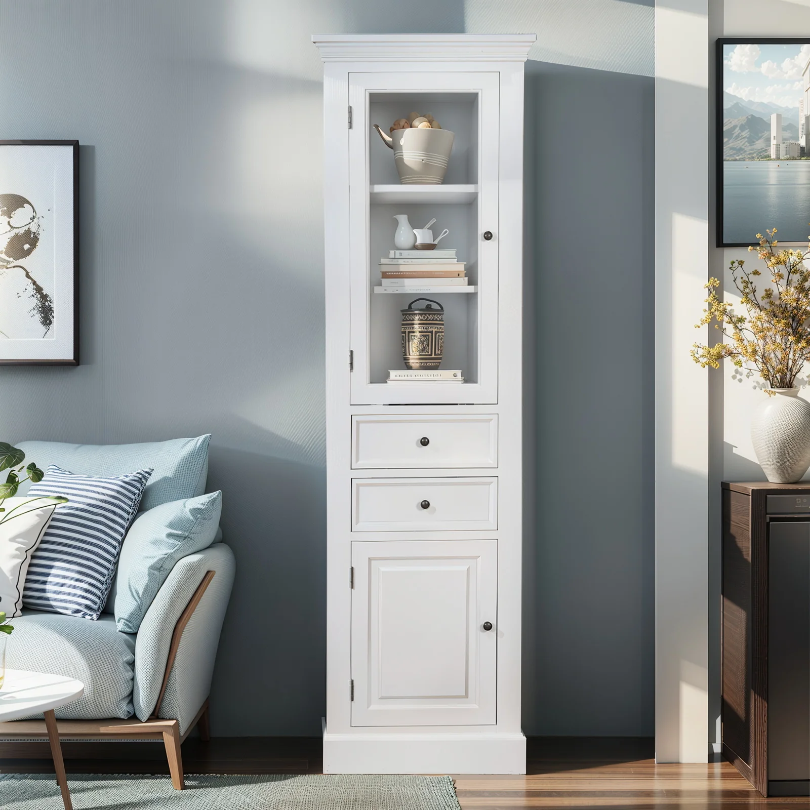 Hamptons Coastal Tall Glass Door 2 Drawer Cabinet - Image 2