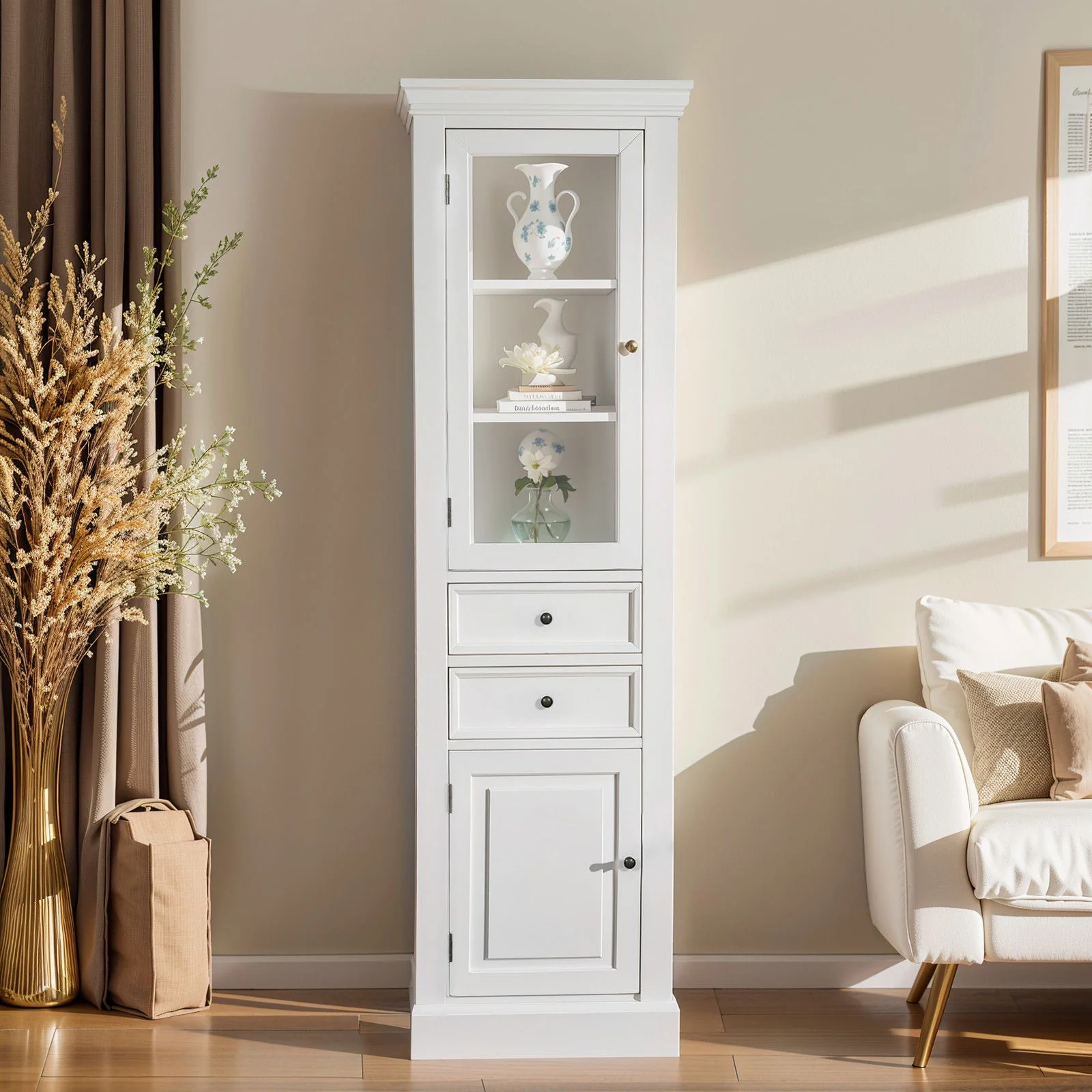 Hamptons Coastal Tall Glass Door 2 Drawer Cabinet - Image 3