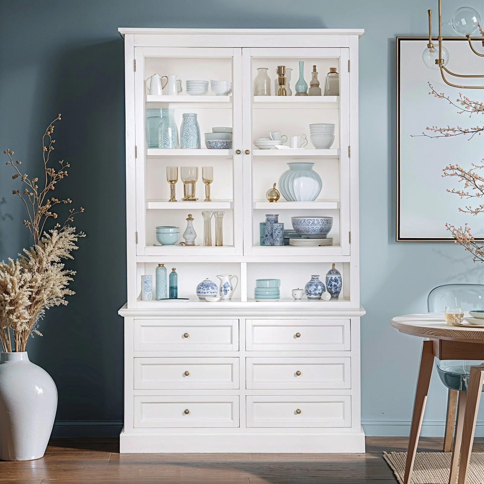 Hamptons Halifax 2 Glass Door 6 Drawer Kitchen Cabinet - Image 2