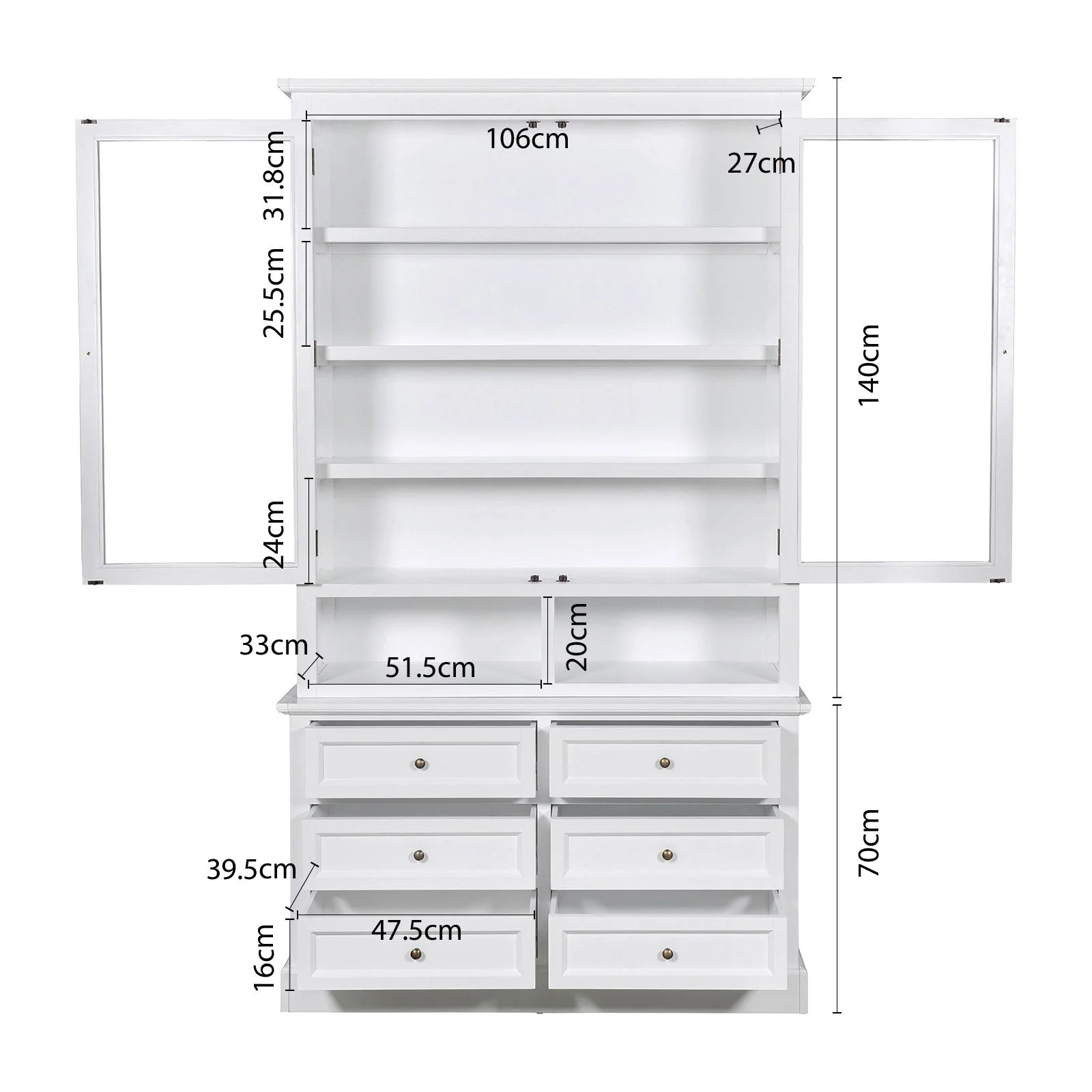 Hamptons Halifax 2 Glass Door 6 Drawer Kitchen Cabinet - Image 21
