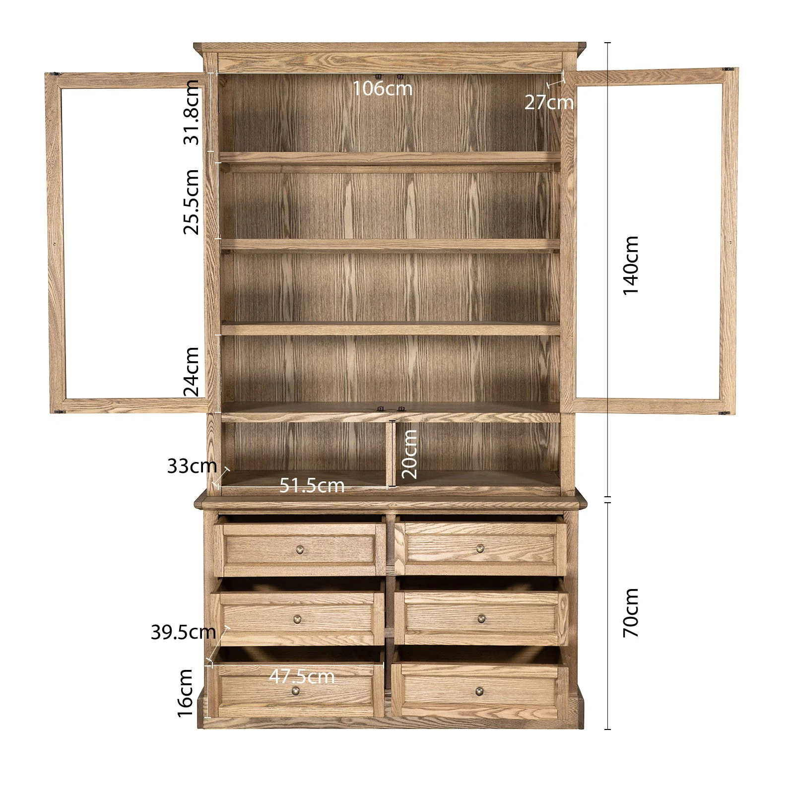 Hamptons Halifax 2 Glass Door 6 Drawer Kitchen Cabinet - Image 42