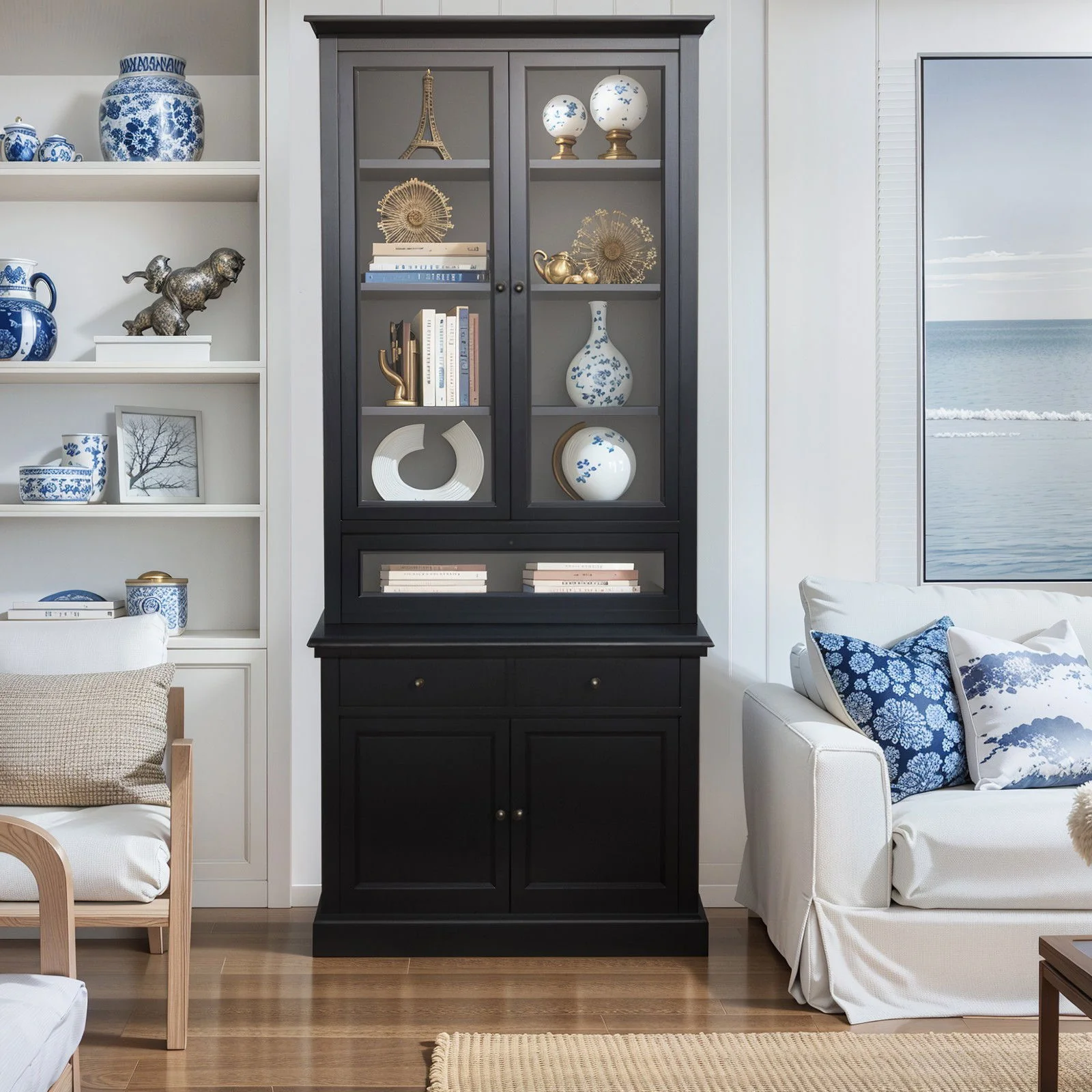 Hamptons Halifax 3 Glass Door Hutch Display Buffet Cabinet Bookcase Cupboard - Image 30
