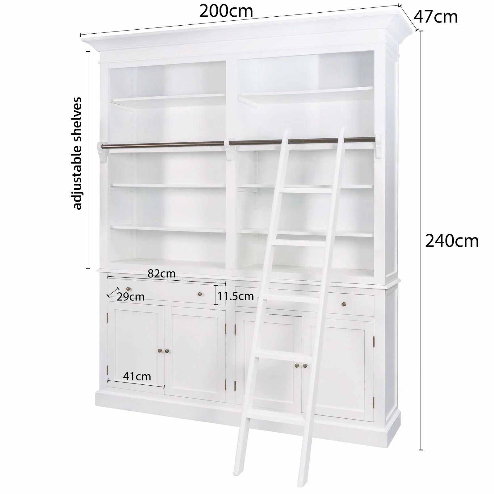 Hamptons Halifax Double Buffet and Hutch Bookcase with Ladder - Image 16