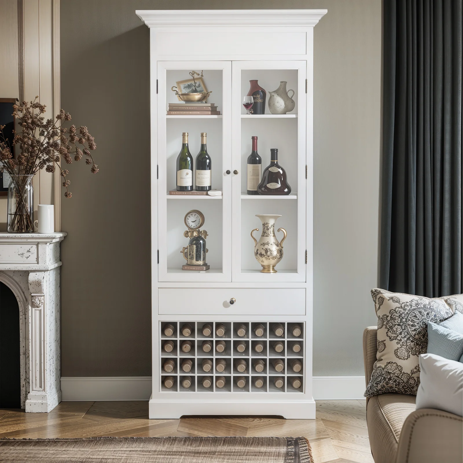 Hamptons Halifax Glass Door Display Cabinet with Wine Rack - Image 2