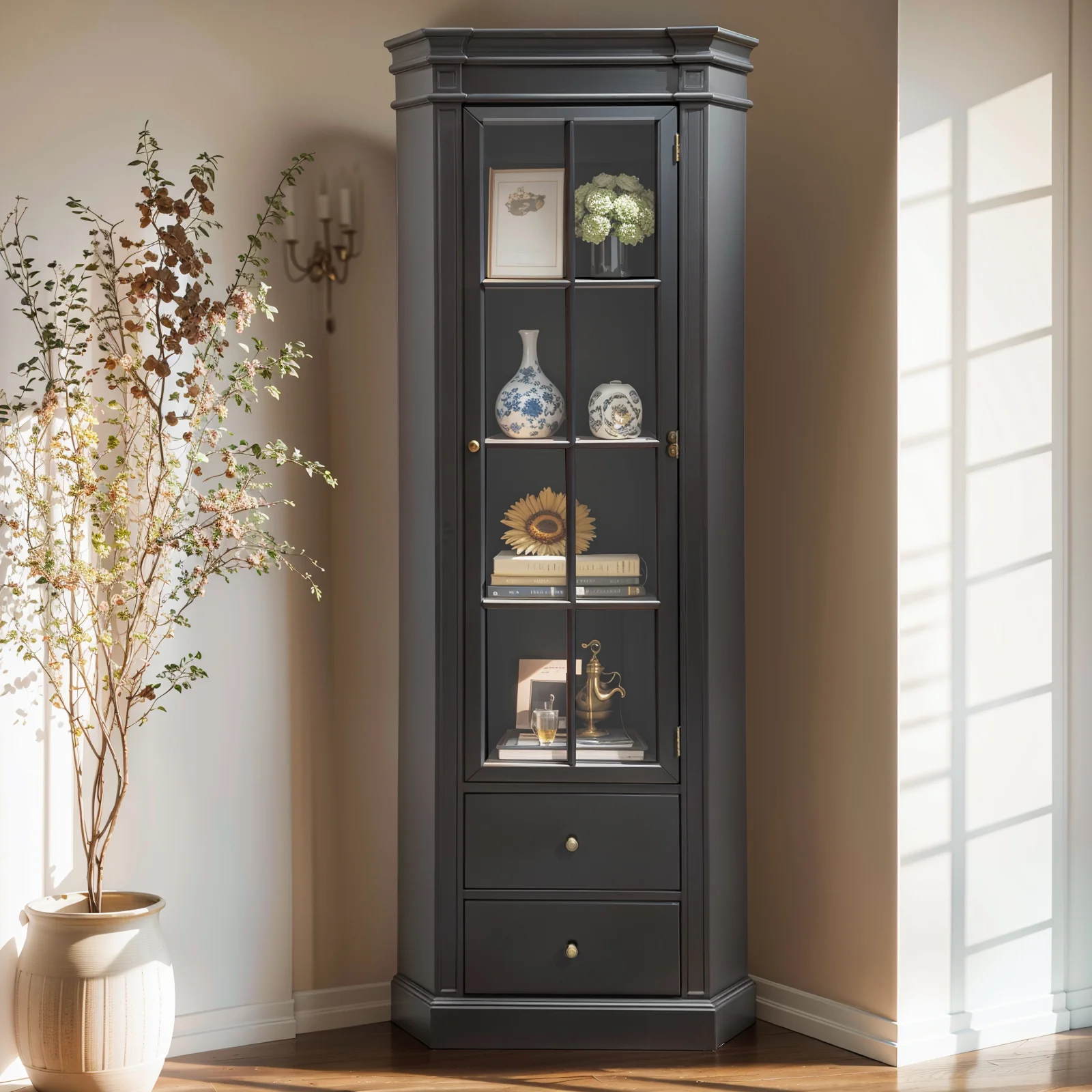 Hamptons Coastal L-Shape Corner Glass Door Display Cabinet - Image 15