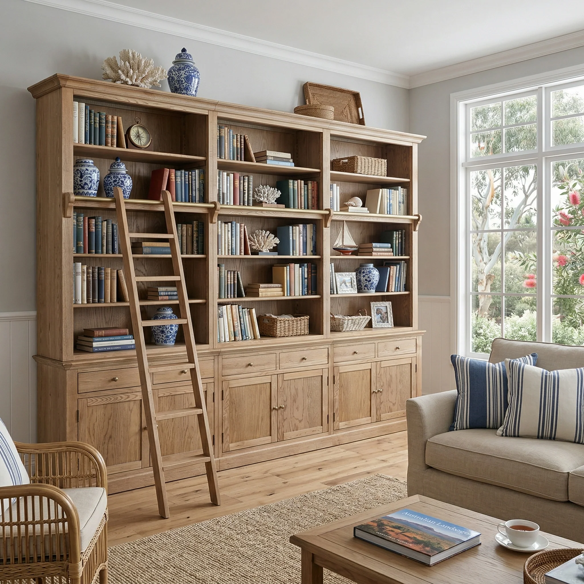 Hamptons Halifax Open Extendable Bookcase with Ladder 250-368cm - Image 59