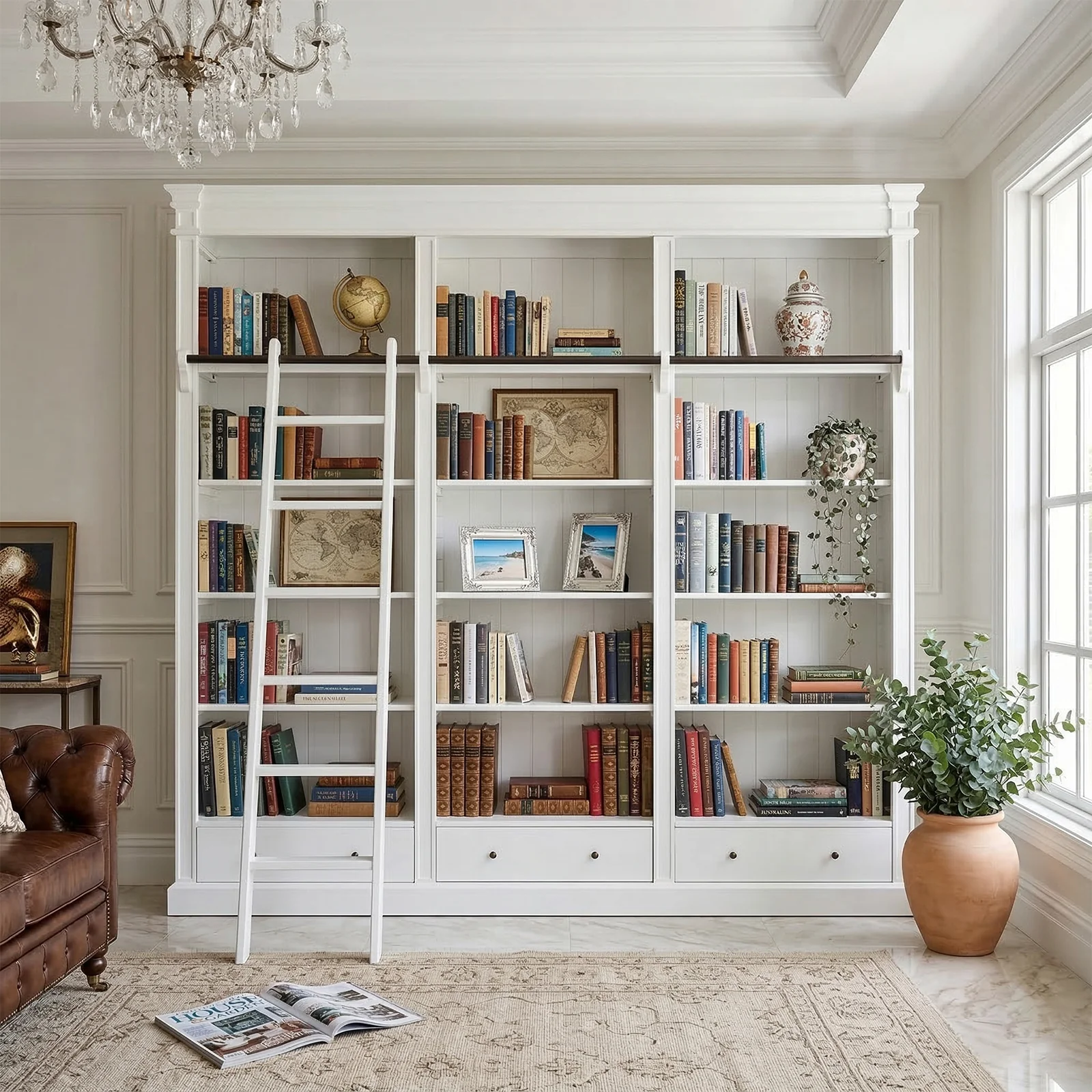 Solid Timber Hamptons Library Bookcase with Ladder — 3 Bay Grand Halifax - Image 16