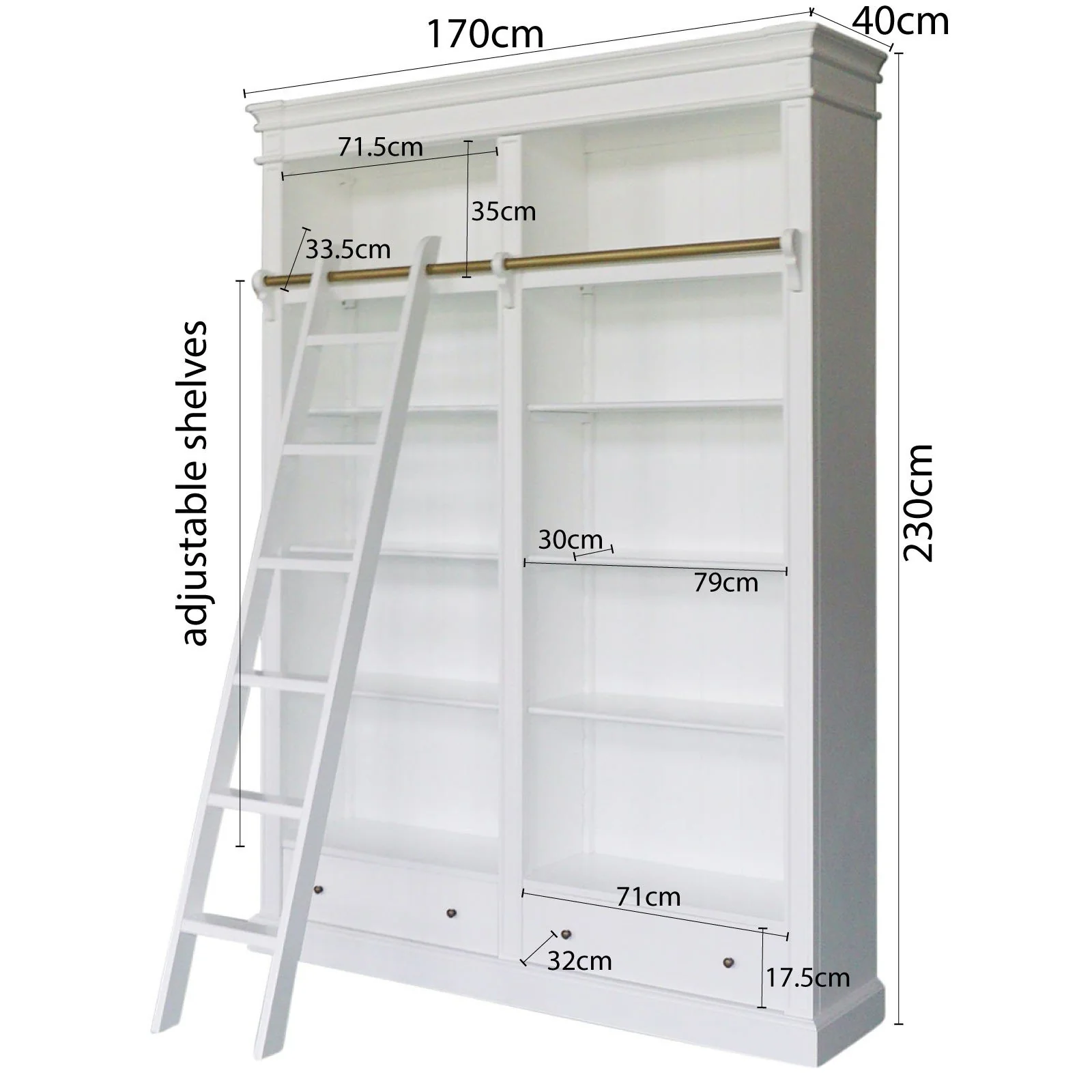 Hamptons Halifax Open Library Bookcase with Ladder 170cm - Image 14