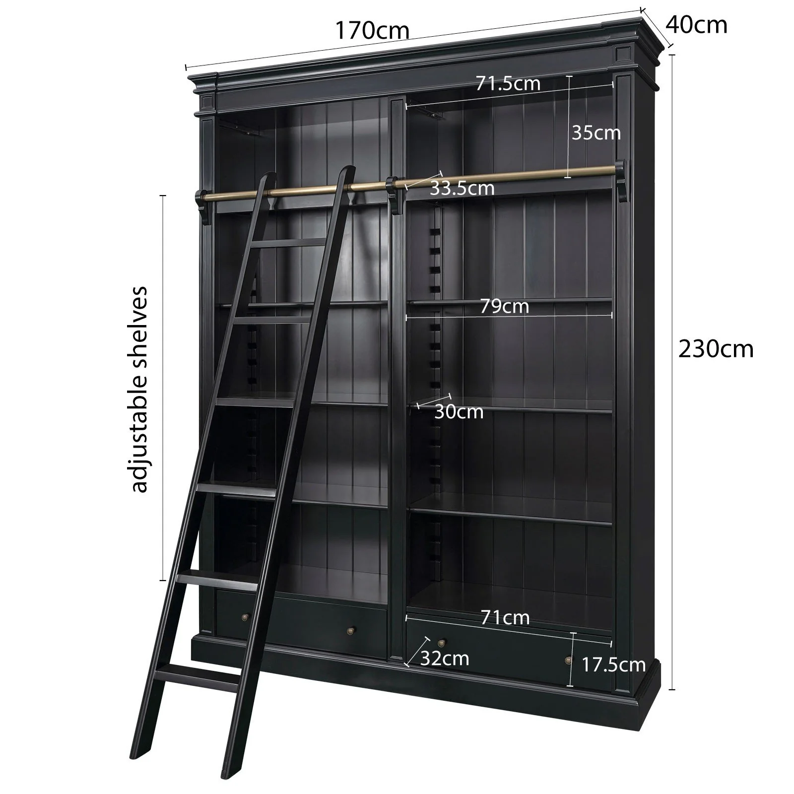Hamptons Halifax Open Library Bookcase with Ladder 170cm - Image 27