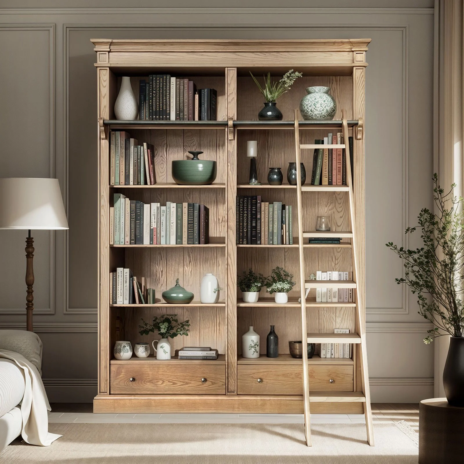 Hamptons Halifax Open Library Bookcase with Ladder 170cm - Image 29
