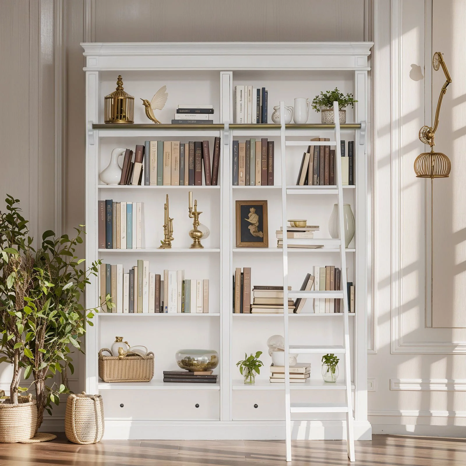 Hamptons Halifax Open Library Bookcase with Ladder 170cm - Image 3