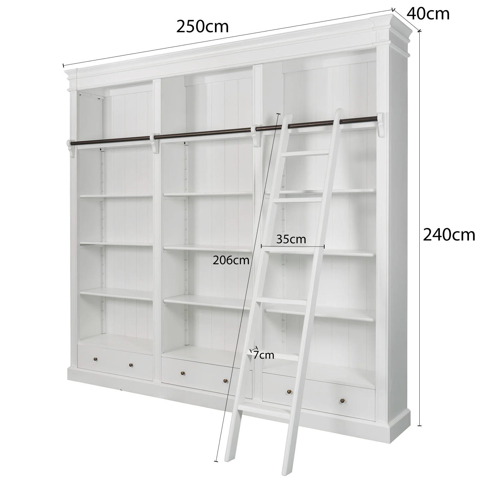 Solid Timber Hamptons Library Bookcase with Ladder — 3 Bay Grand Halifax - Image 28