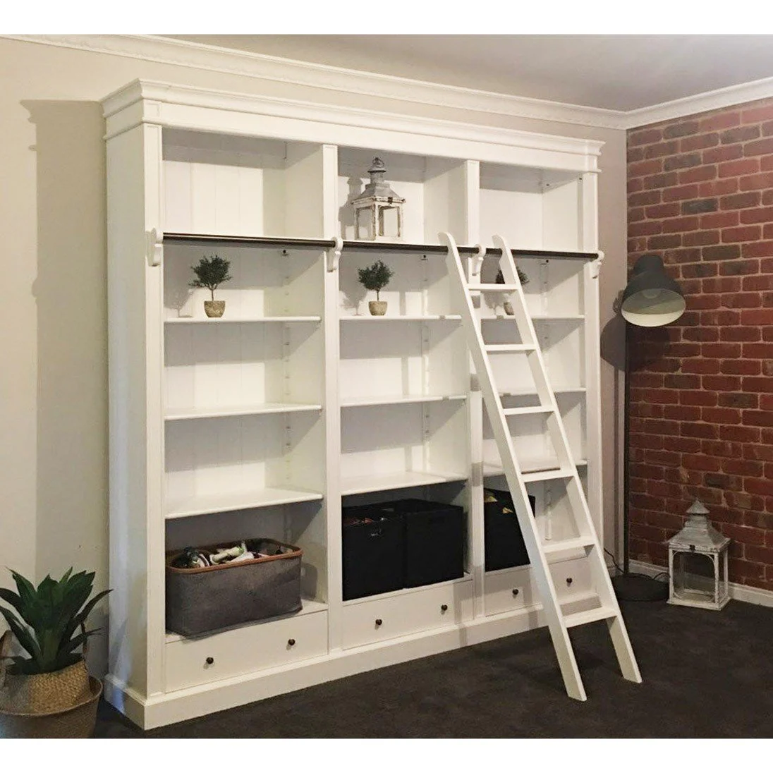 Solid Timber Hamptons Library Bookcase with Ladder — 3 Bay Grand Halifax - Image 30