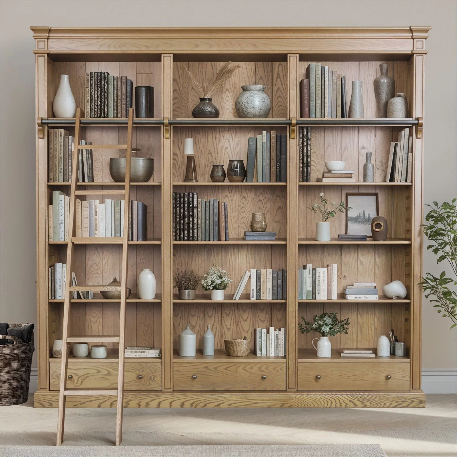 Solid Timber Hamptons Library Bookcase with Ladder — 3 Bay Grand Halifax - Image 31
