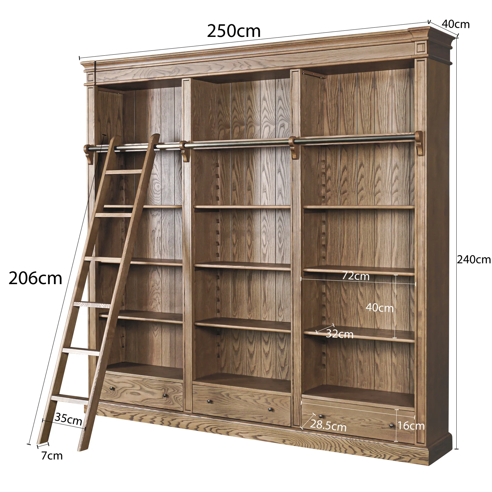 Solid Timber Hamptons Library Bookcase with Ladder — 3 Bay Grand Halifax - Image 41