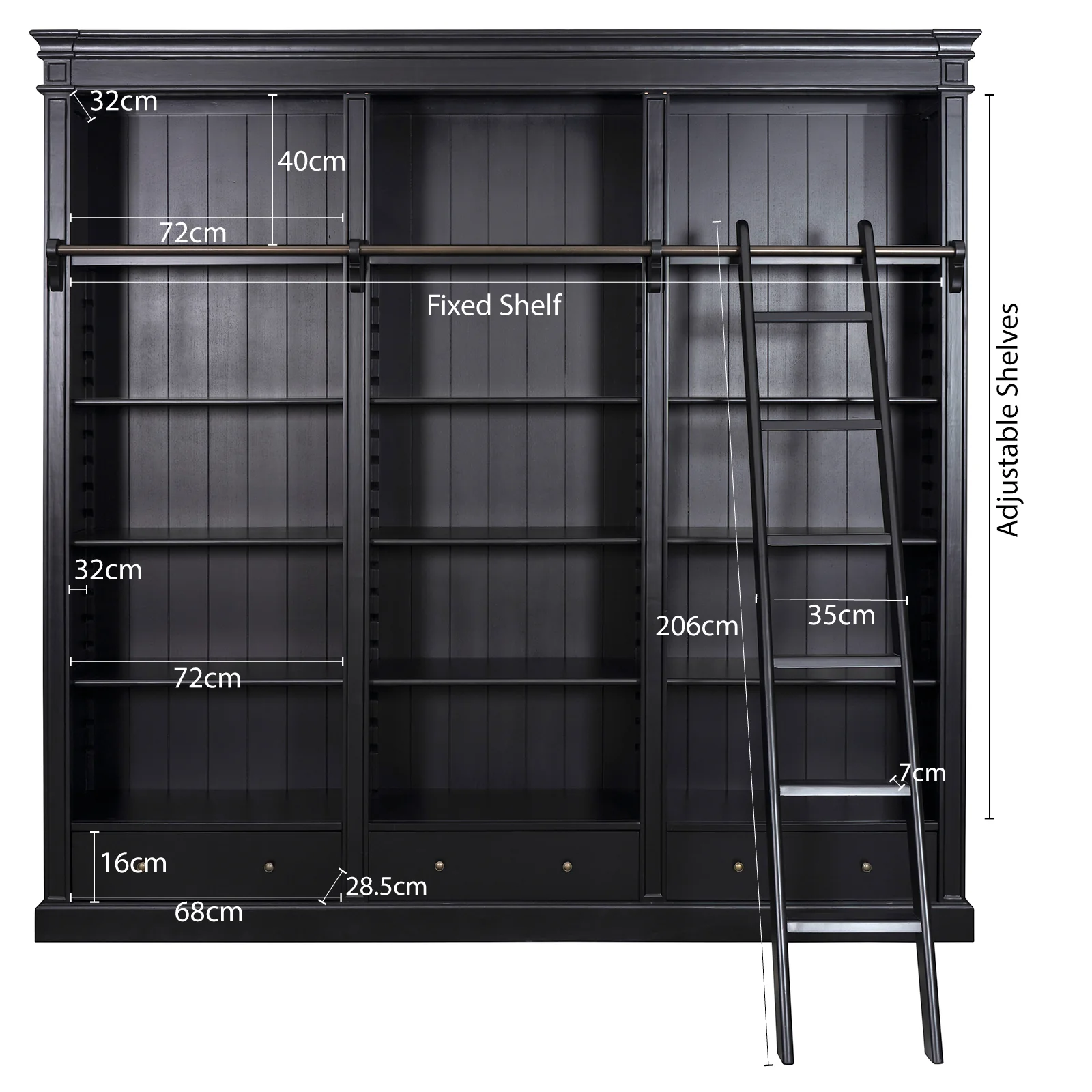 Solid Timber Hamptons Library Bookcase with Ladder — 3 Bay Grand Halifax - Image 6