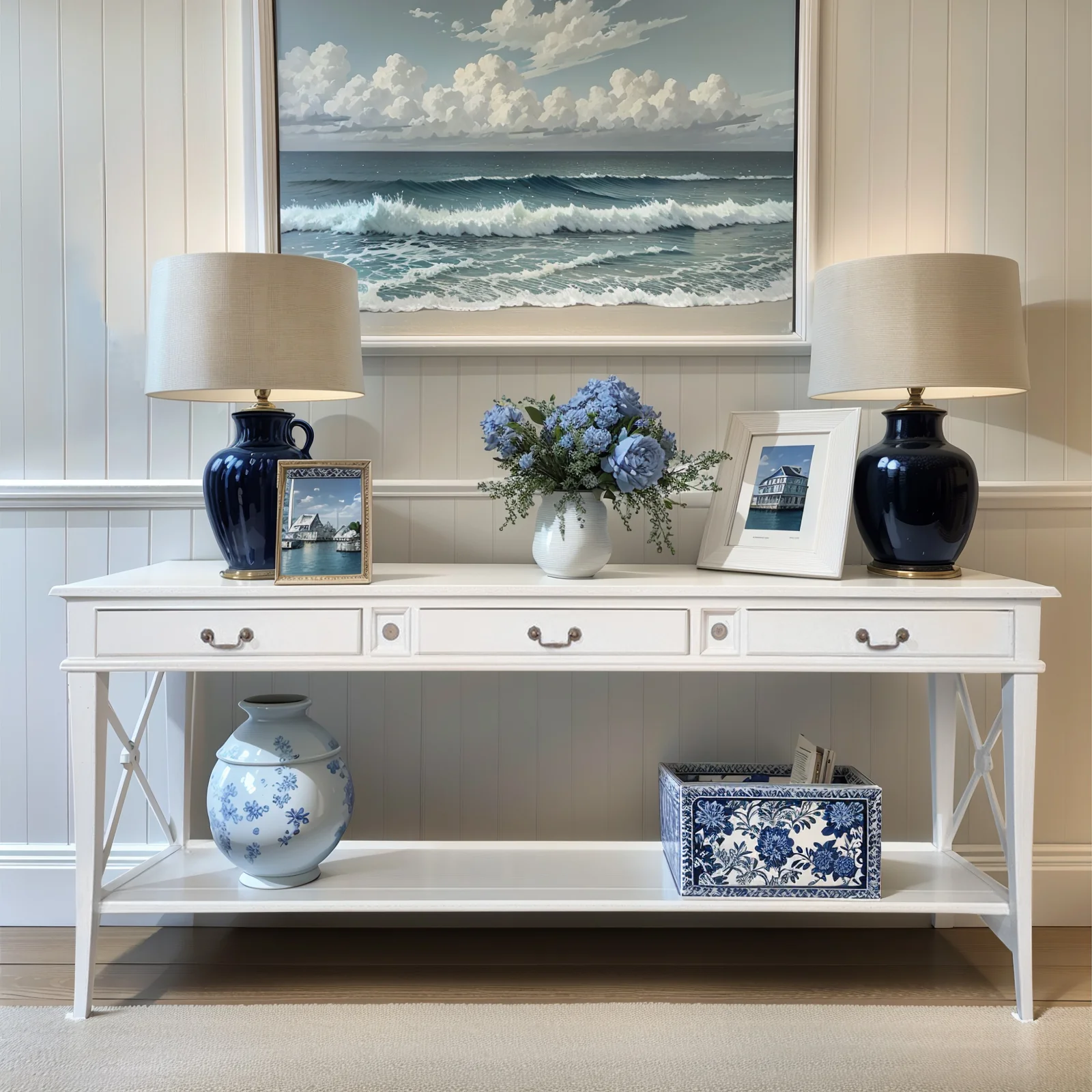 Hamptons Halifax Side Cross 3 Drawers Console Hall Table - Image 27