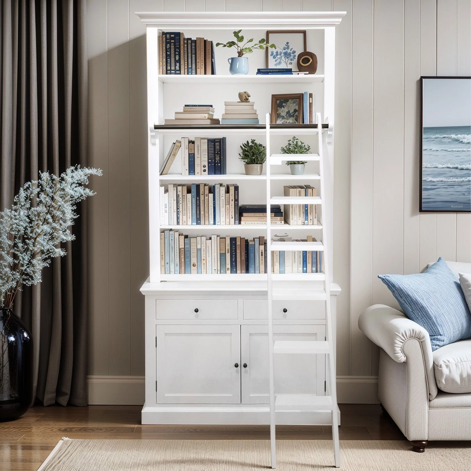 Hamptons Halifax Single Hutch Open Bookcase Buffet with Ladder - Image 14