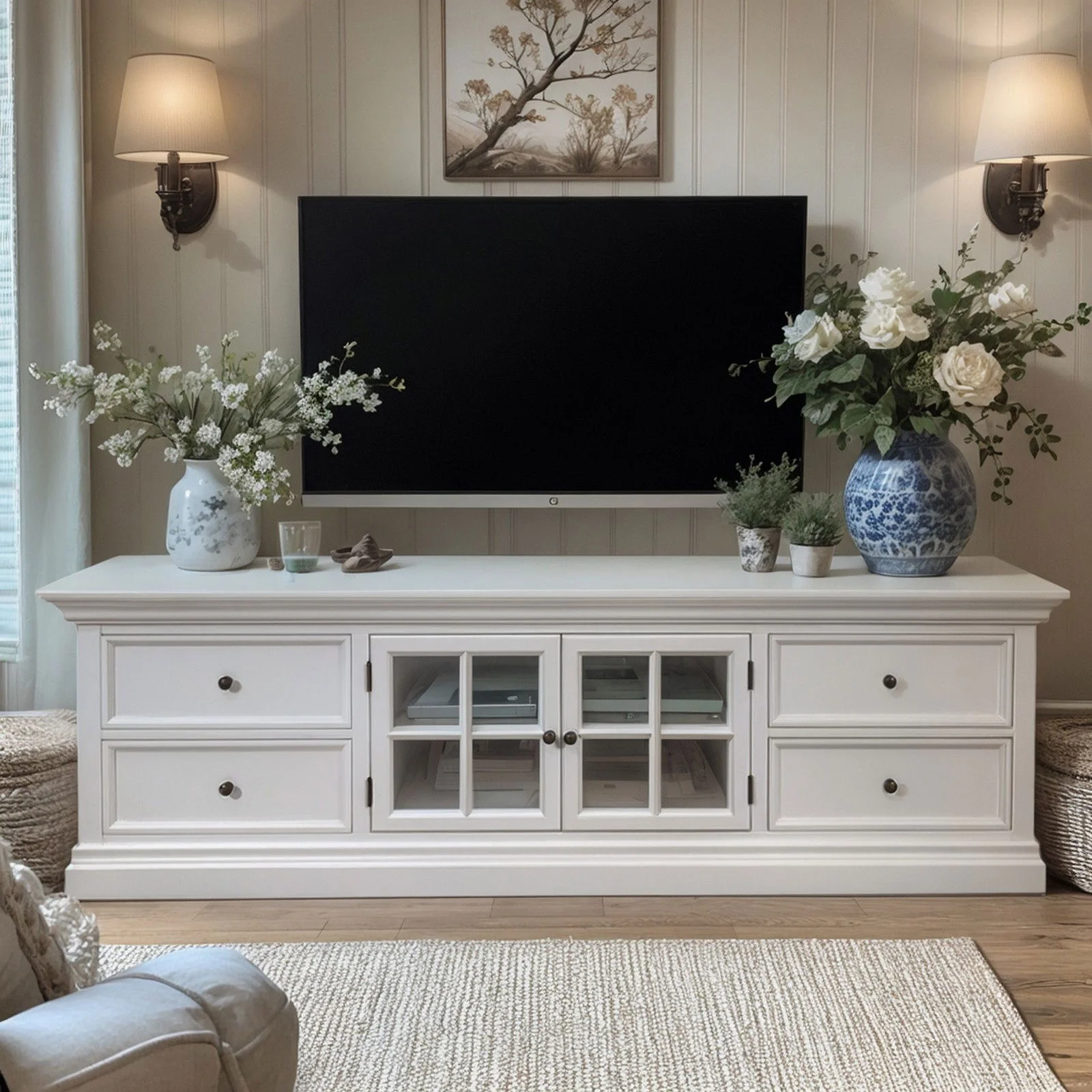 Hamptons Halifax TV Entertainment Unit with 4 Drawers Glass Doors Storage 180cm - Image 15