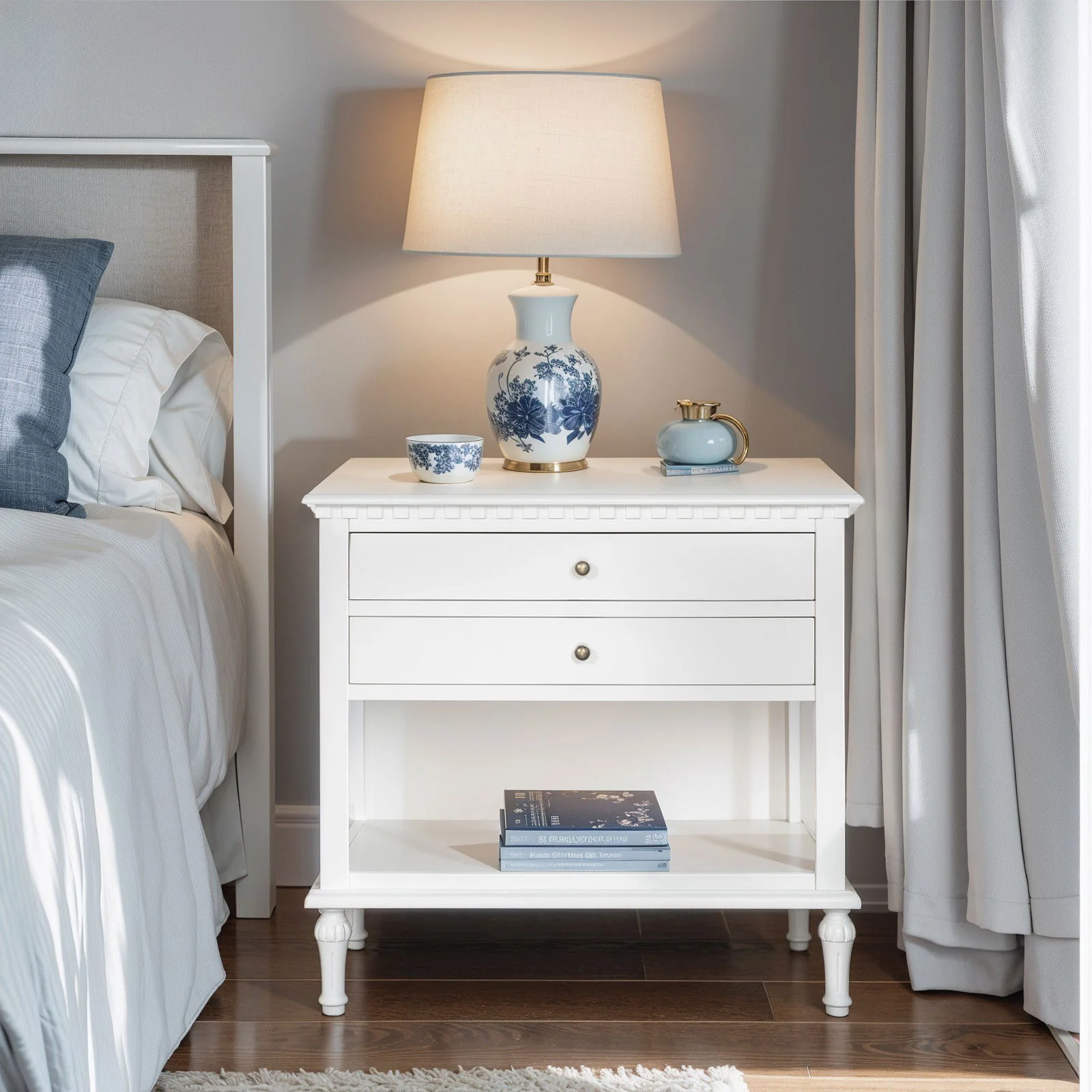New England Hamptons Bedside/ Lamp Table – 2 Drawers & Open Shelf and Dentil Molding Design - Image 13