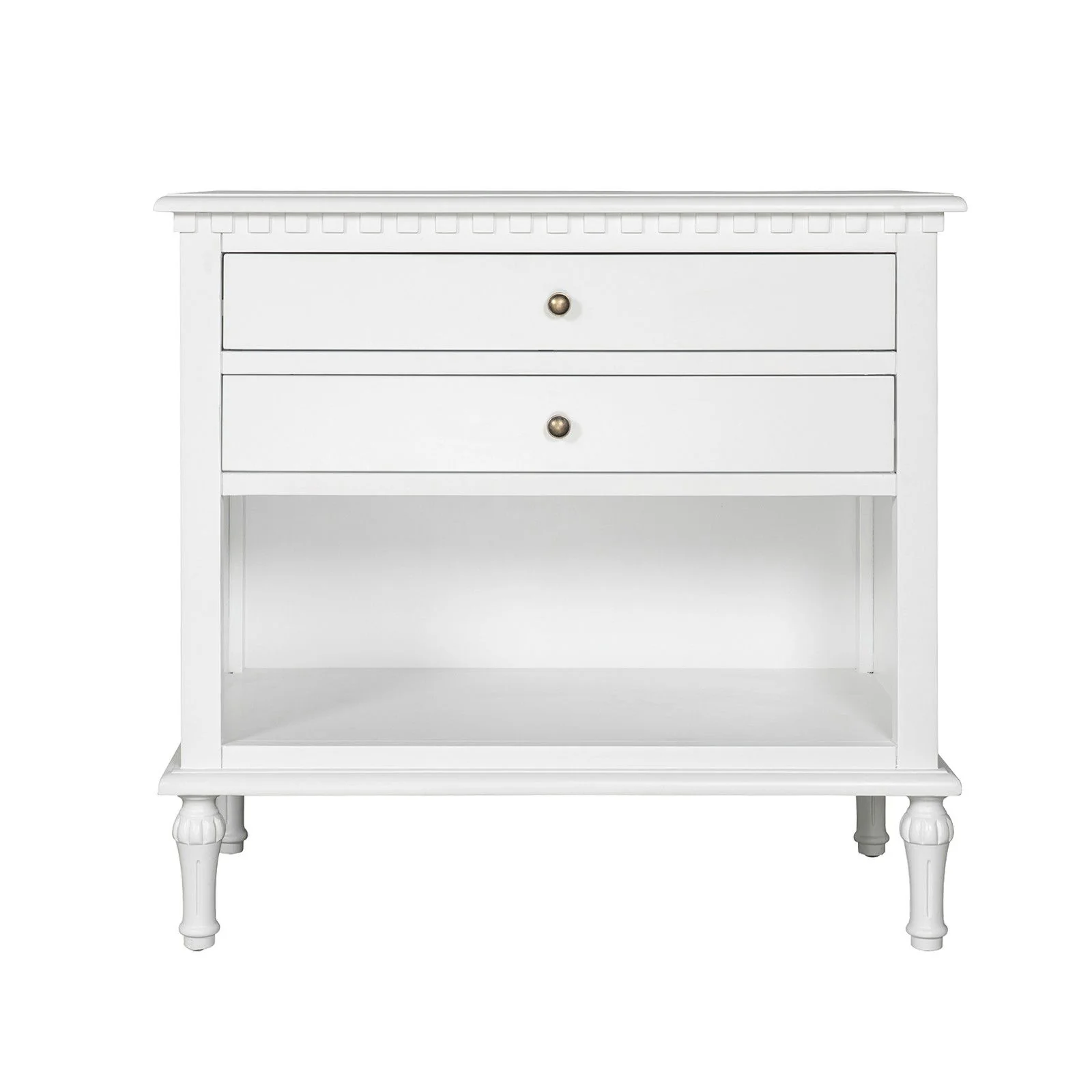 New England Hamptons Bedside/ Lamp Table – 2 Drawers & Open Shelf and Dentil Molding Design - Image 14