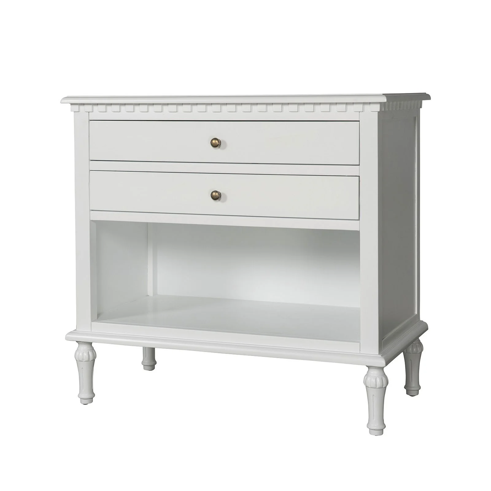 New England Hamptons Bedside/ Lamp Table – 2 Drawers & Open Shelf and Dentil Molding Design - Image 15