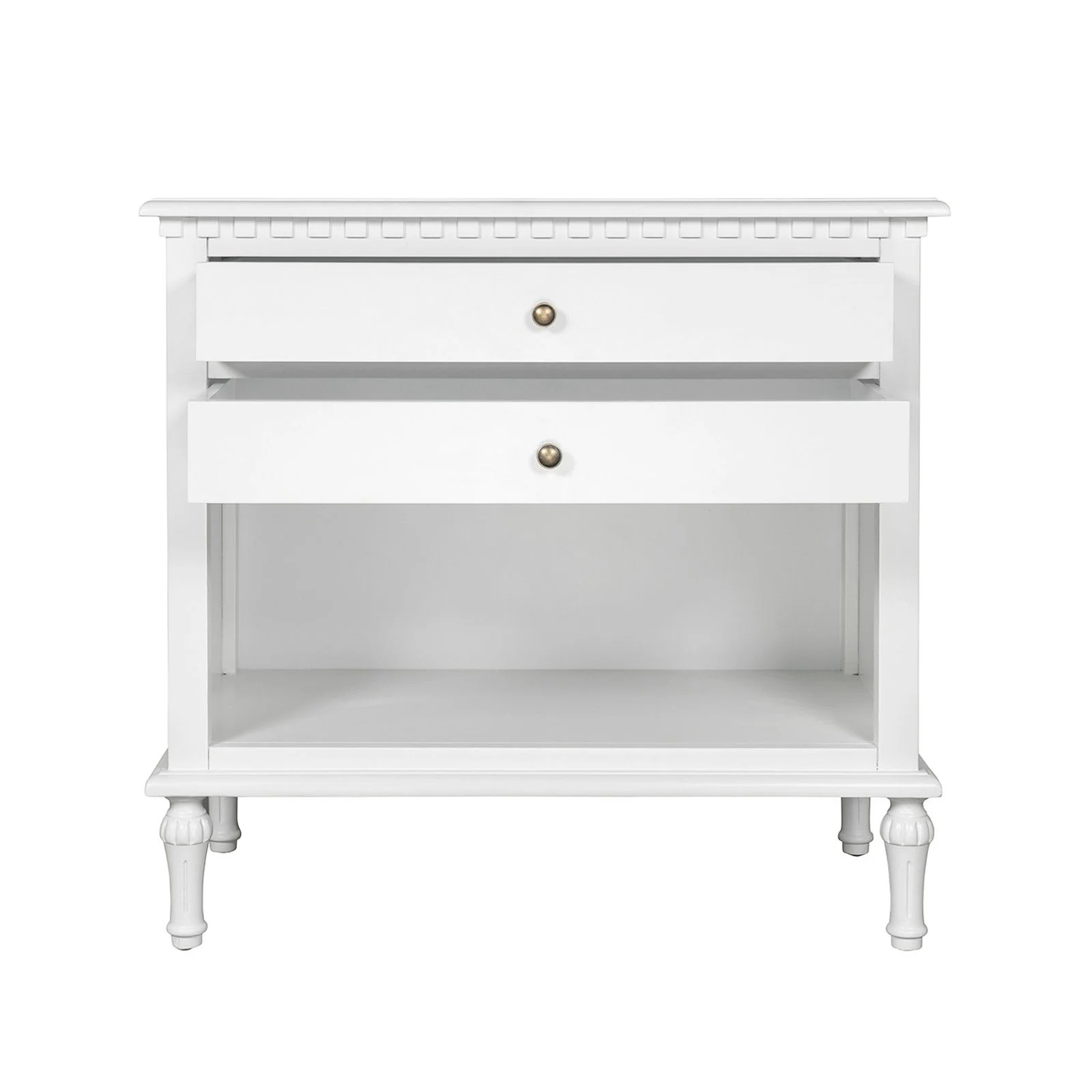 New England Hamptons Bedside/ Lamp Table – 2 Drawers & Open Shelf and Dentil Molding Design - Image 16