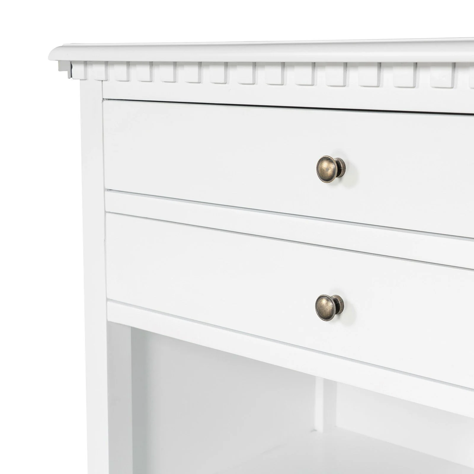 New England Hamptons Bedside/ Lamp Table – 2 Drawers & Open Shelf and Dentil Molding Design - Image 20