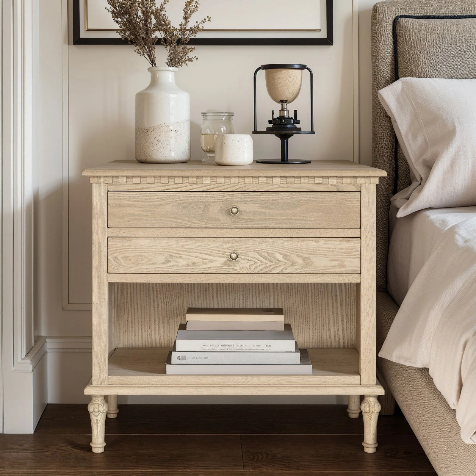 New England Hamptons Bedside/ Lamp Table – 2 Drawers & Open Shelf and Dentil Molding Design - Image 27