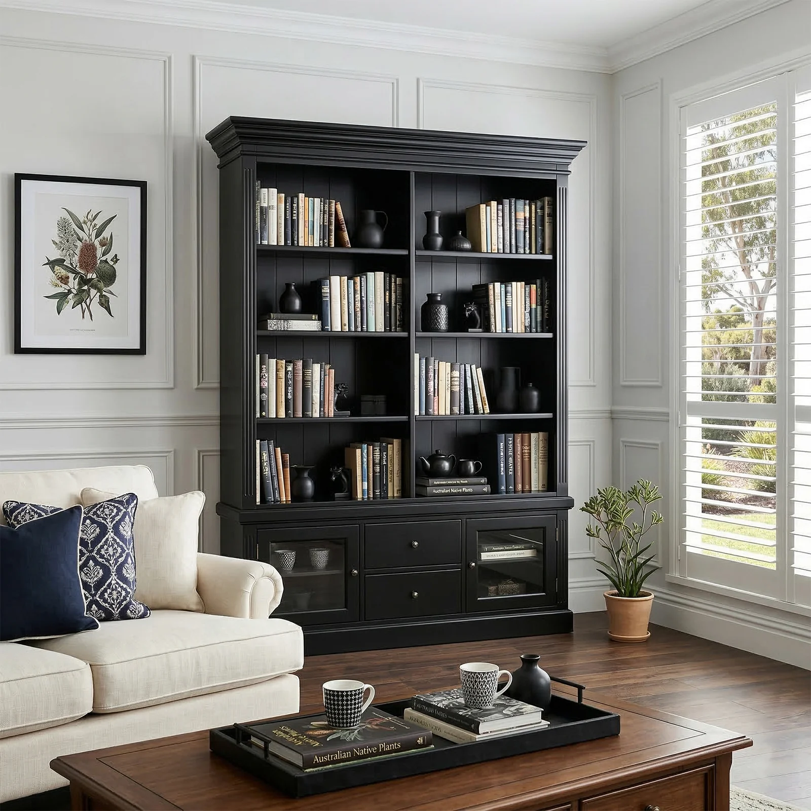 Hamptons Library Display Bookcase Cabinet with 2 Drawer - Image 18