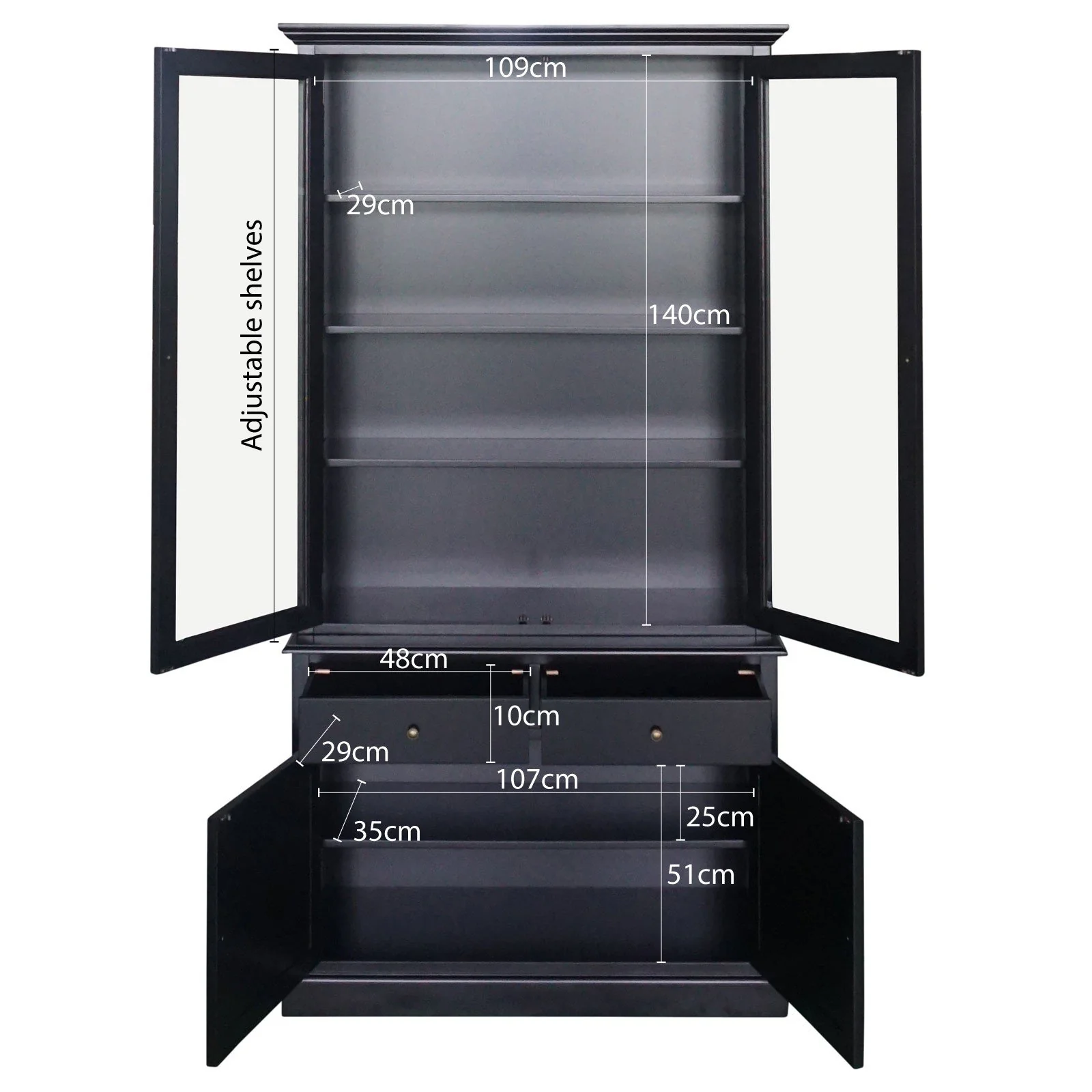 Hamptons Louvre 2 Glass Door Hutch Display and Buffet Cabinet Bookcase Cupboard - Image 11