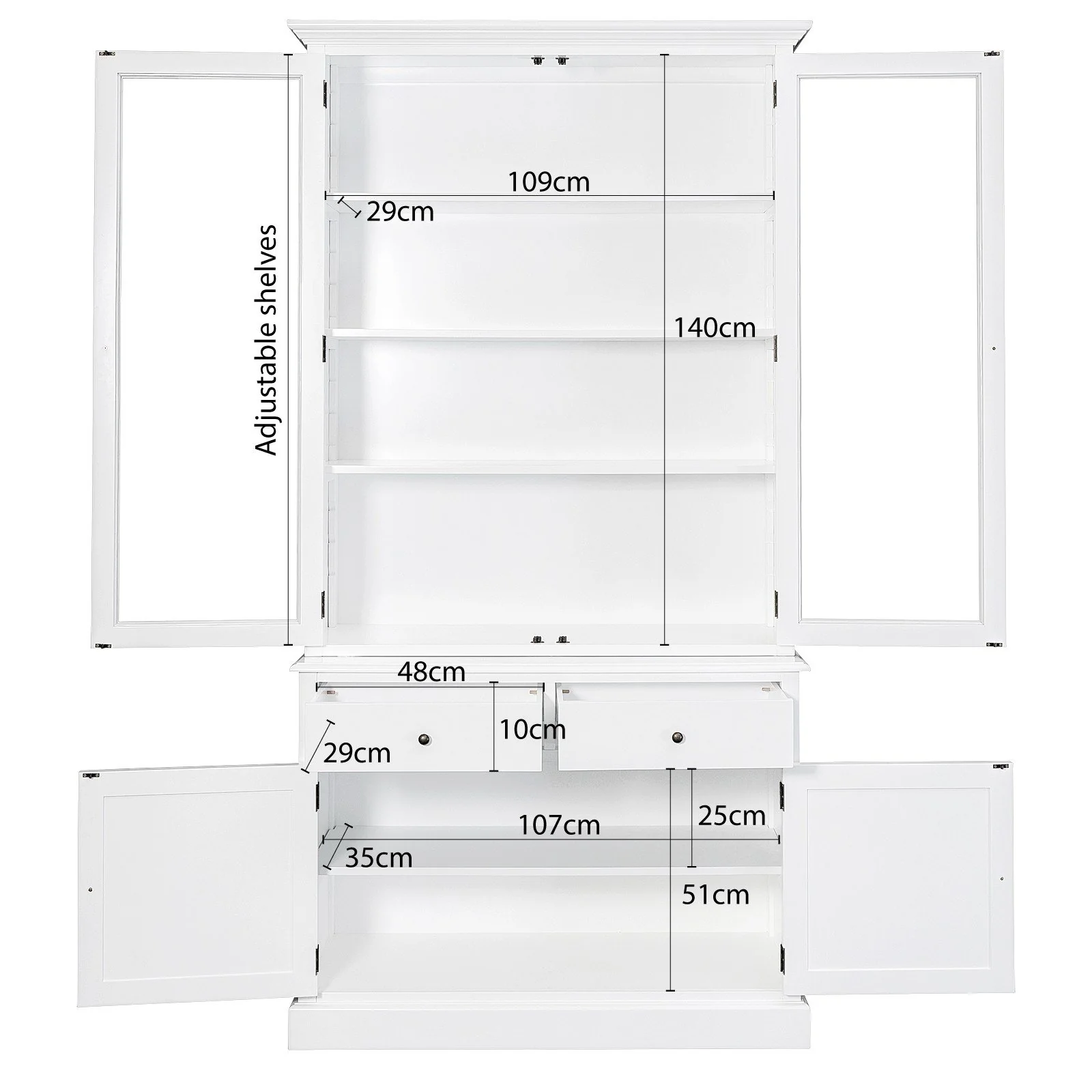 Hamptons Louvre 2 Glass Door Hutch Display and Buffet Cabinet Bookcase Cupboard - Image 12