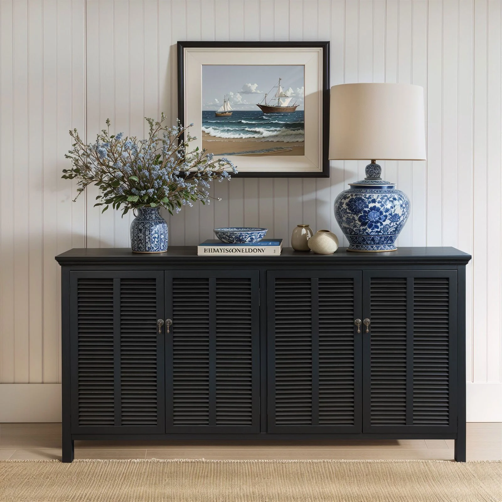 Hamptons Louvre 4 Door Hallway Sideboard Buffet Cabinet - Image 15