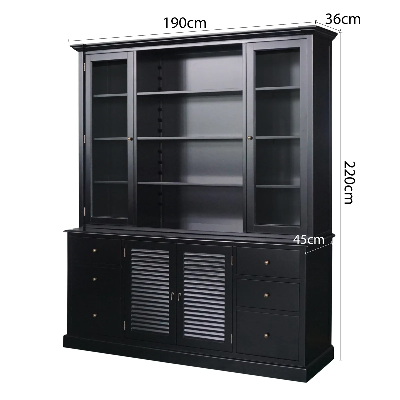Hamptons Louvre Glass Display Cabinet with Open Bookcase and Buffet - Image 11