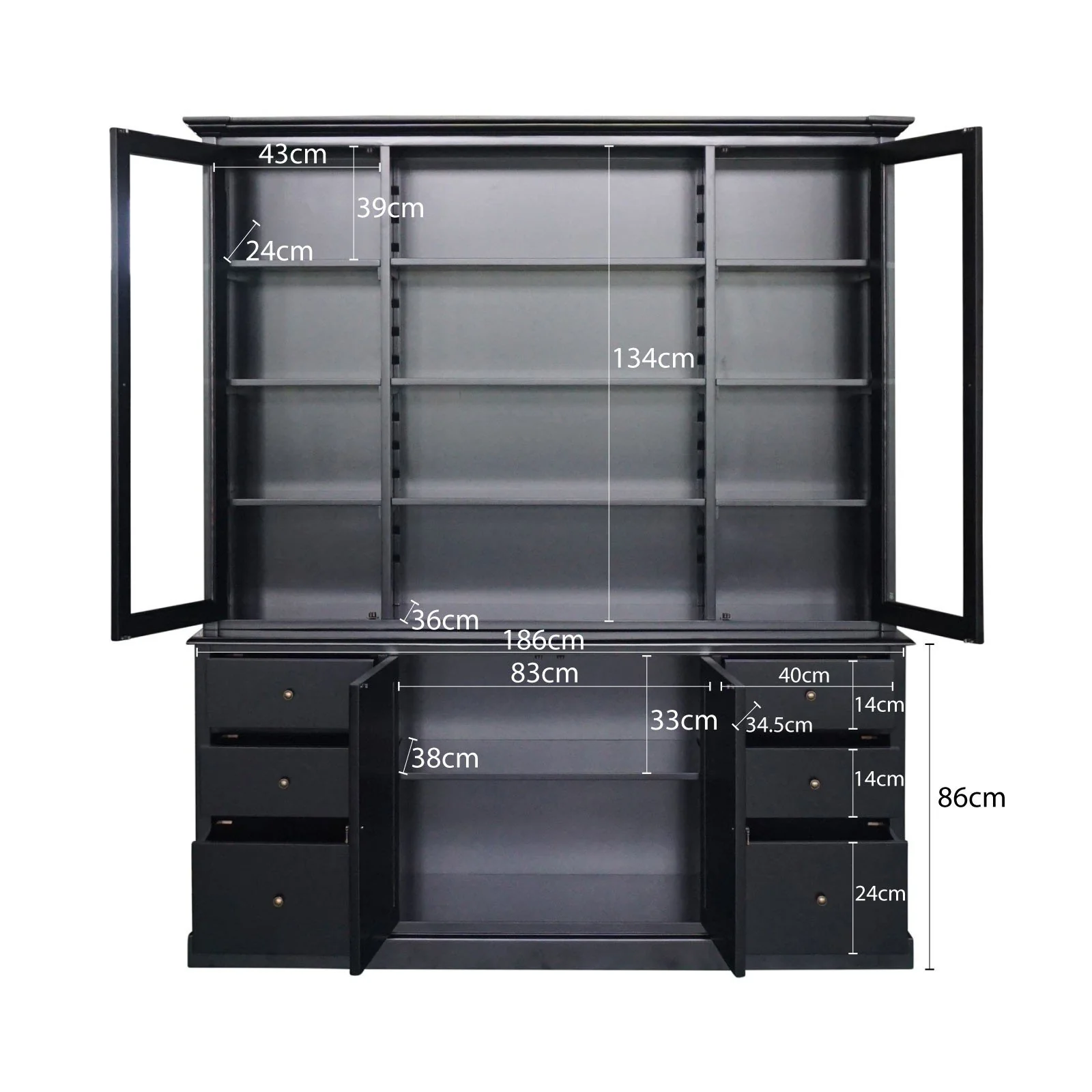 Hamptons Louvre Glass Display Cabinet with Open Bookcase and Buffet - Image 12