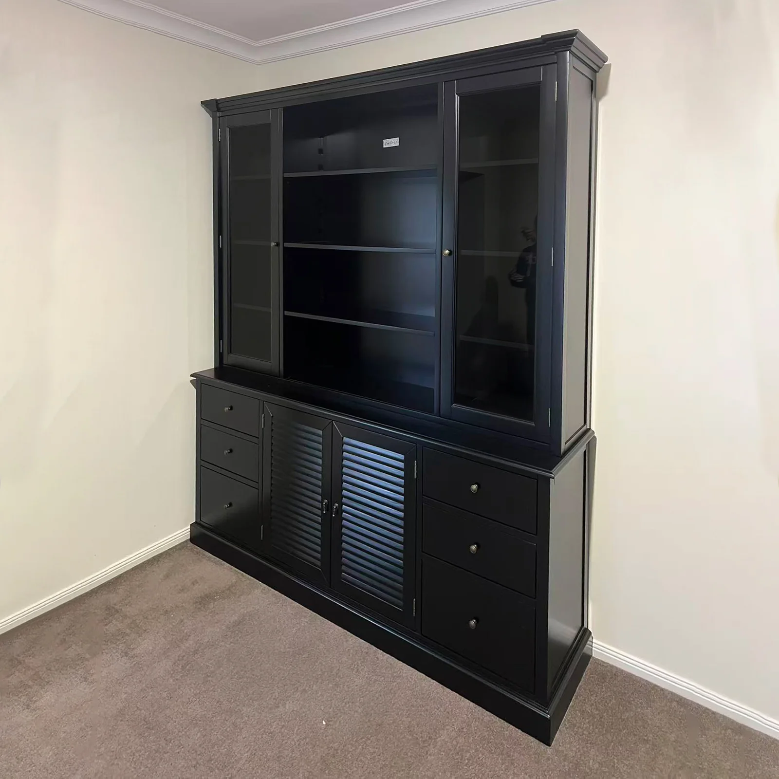 Hamptons Louvre Glass Display Cabinet with Open Bookcase and Buffet - Image 13