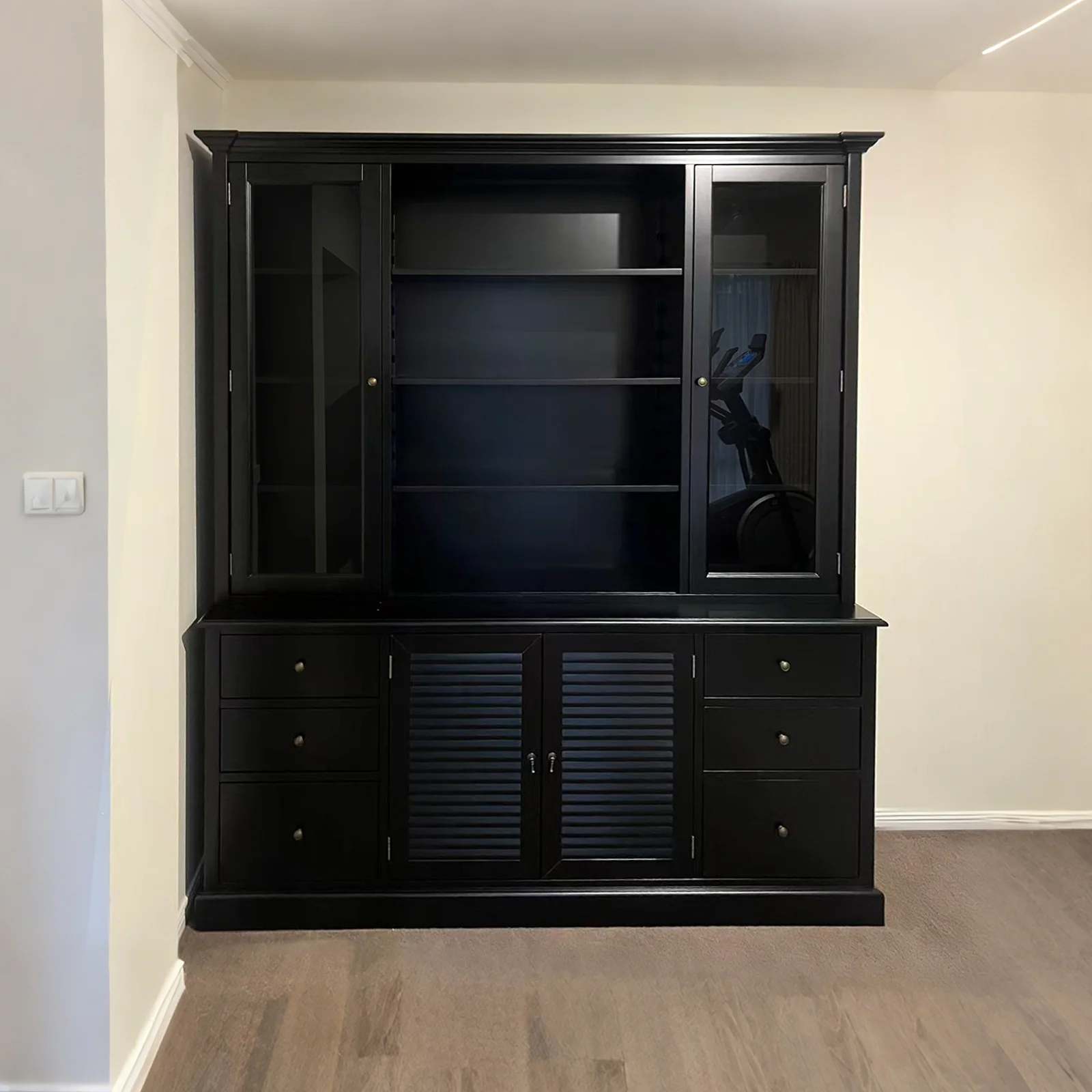 Hamptons Louvre Glass Display Cabinet with Open Bookcase and Buffet - Image 14
