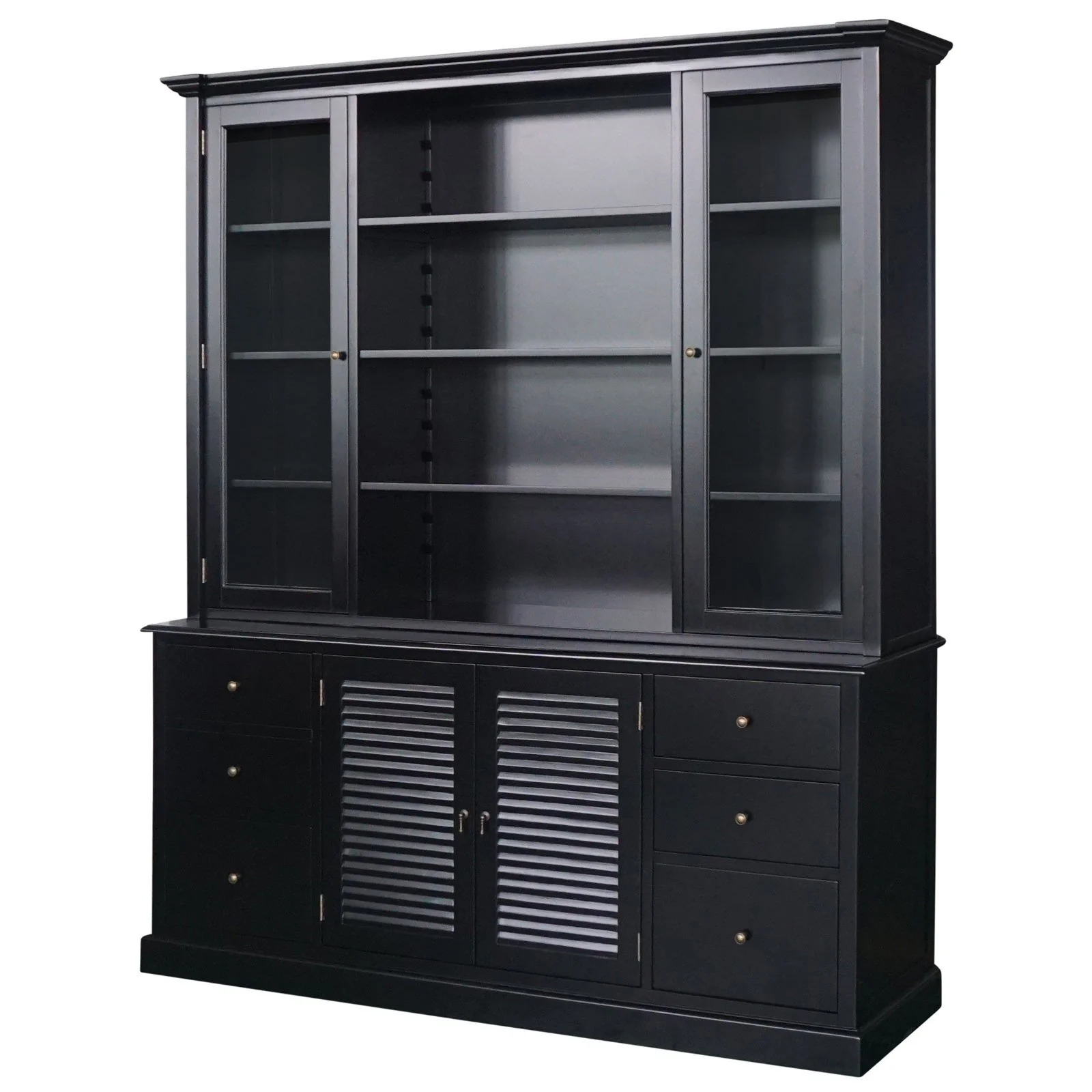 Hamptons Louvre Glass Display Cabinet with Open Bookcase and Buffet - Image 3