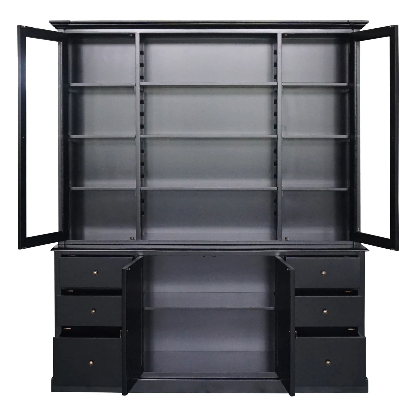 Hamptons Louvre Glass Display Cabinet with Open Bookcase and Buffet - Image 4