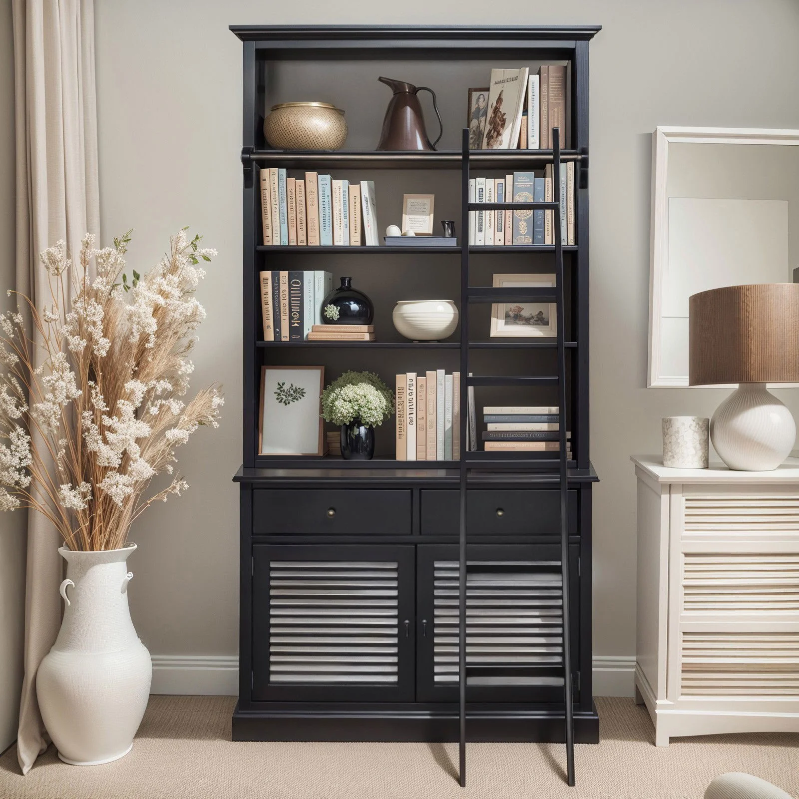 Hamptons Louvre Single Hutch Open Bookcase Buffet Cabinet with Ladder - Image 20