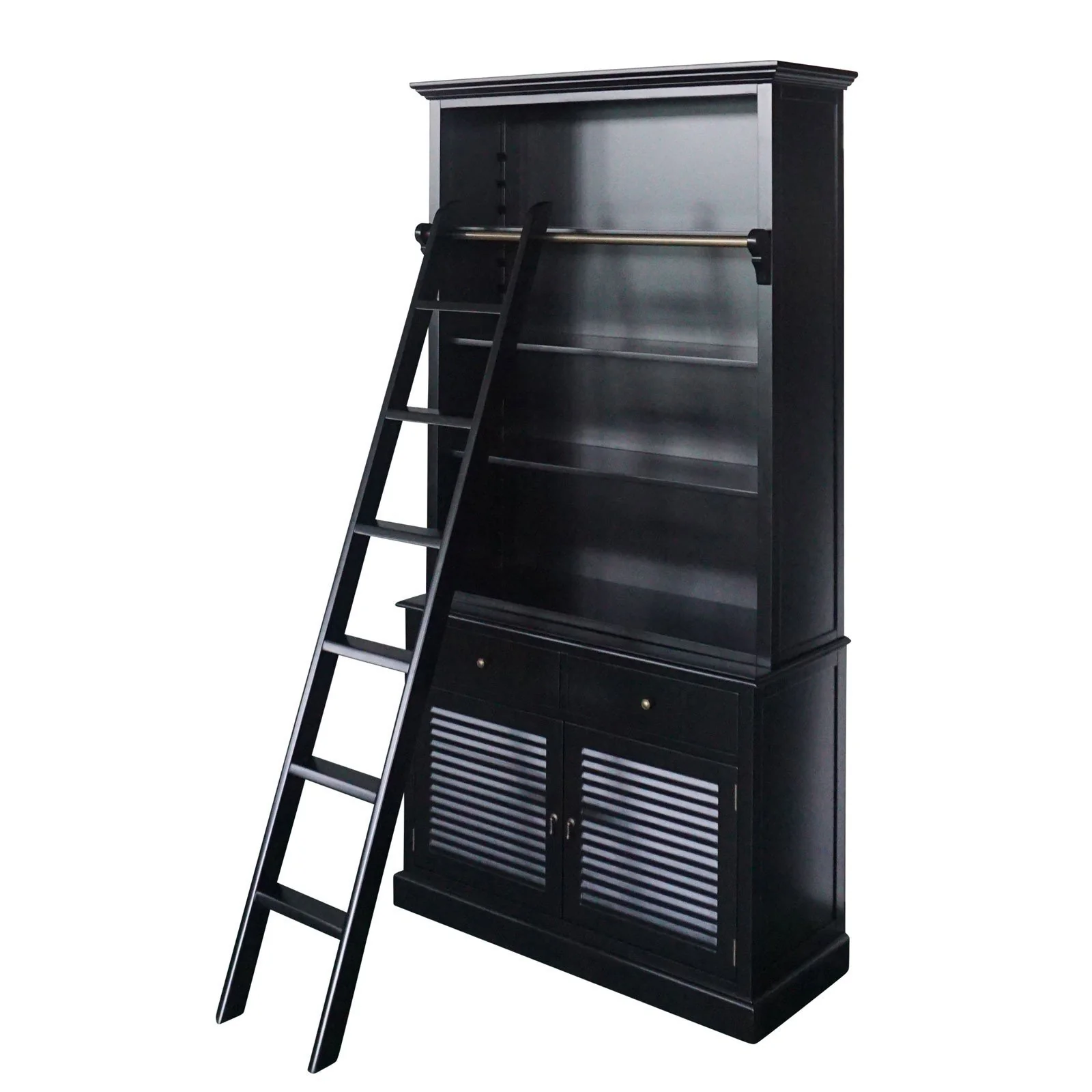 Hamptons Louvre Single Hutch Open Bookcase Buffet Cabinet with Ladder - Image 24
