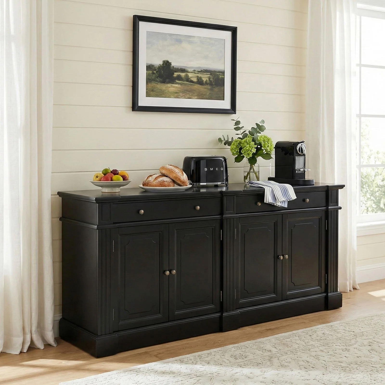 Harbourline Classic Hamptons Panelled Sideboard Buffet & Console Cabinet with 4 Doors & 2 Drawers - Image 10