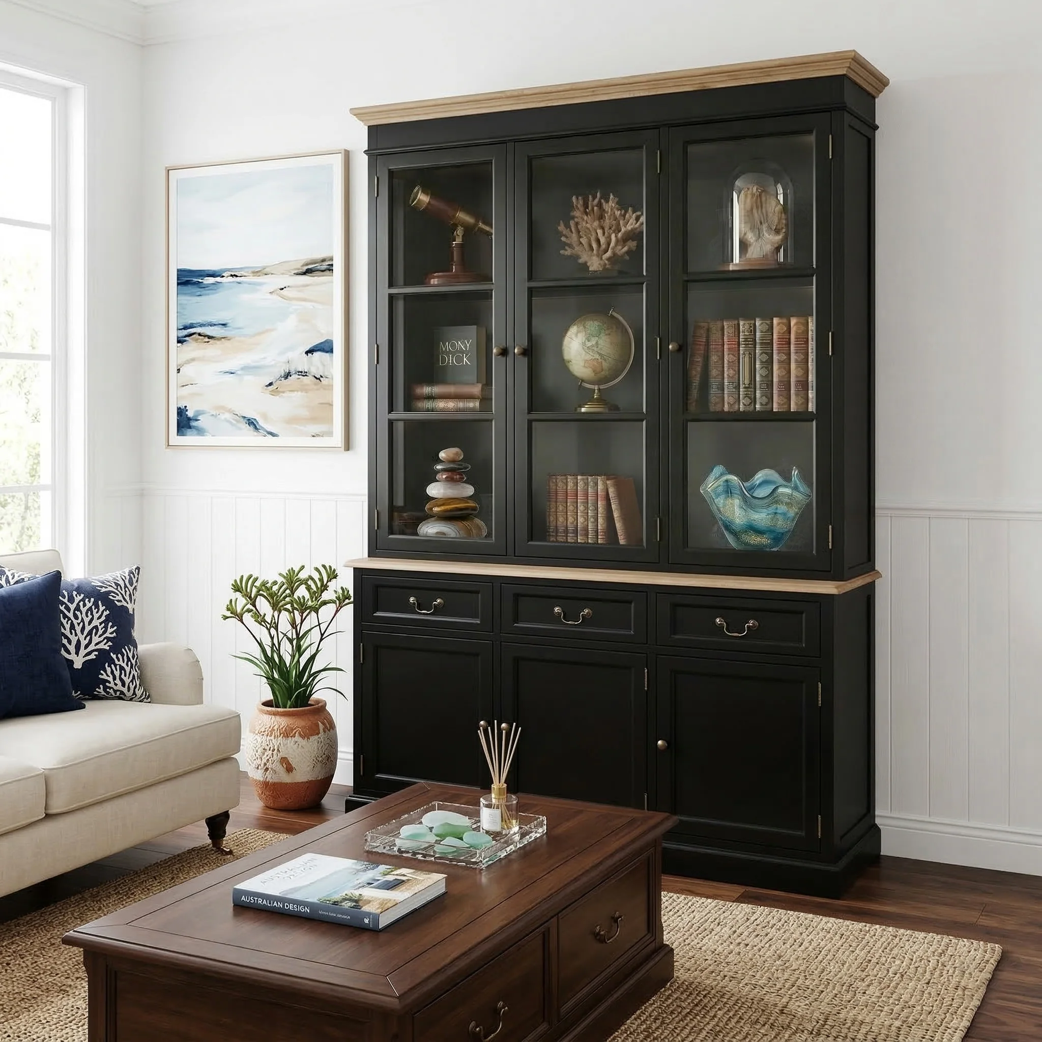 Hamptons Sorrento Buffet and Hutch Glass Display Bookcase - Image 15