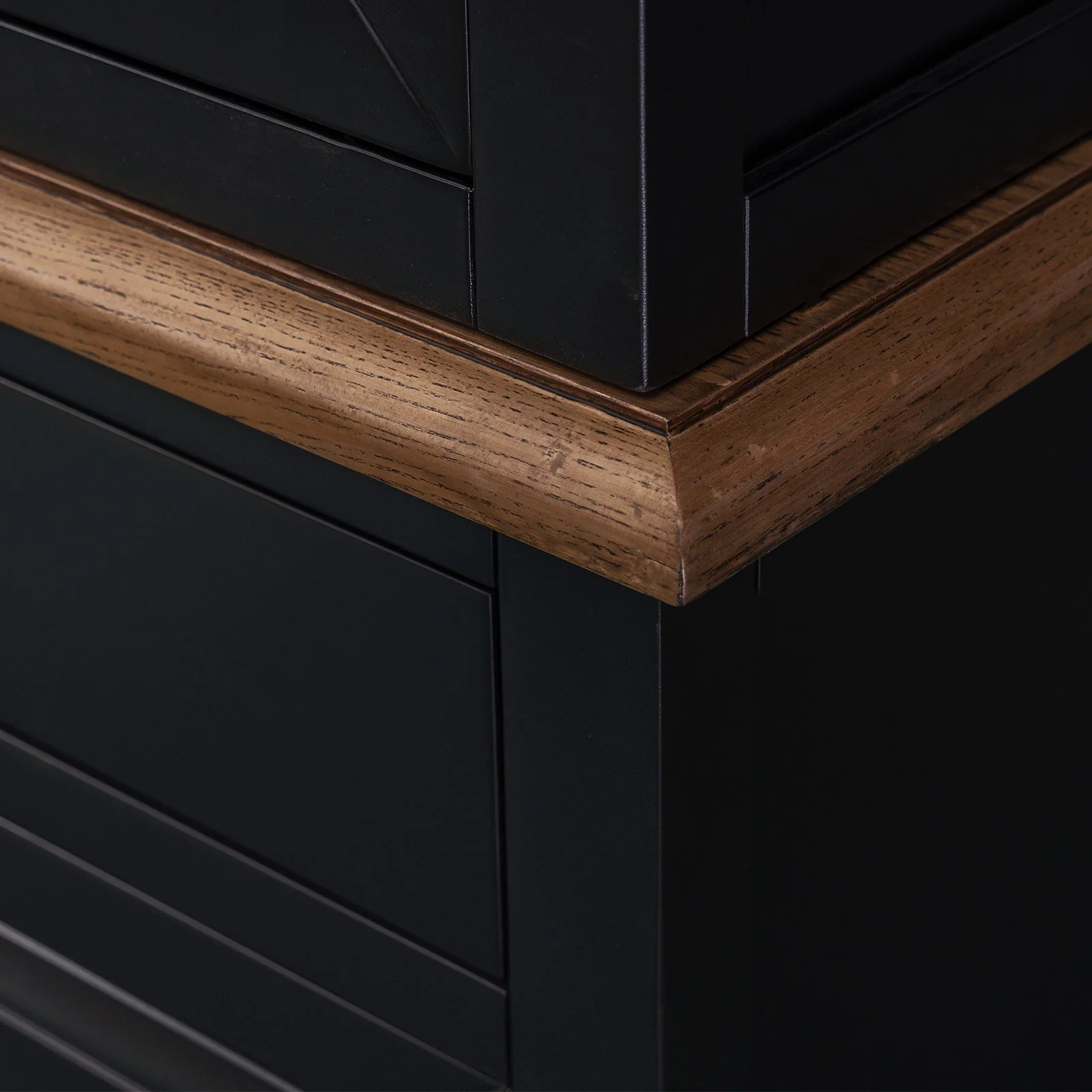 Hamptons Buffet & Hutch Glass Door Library Bookcase/ Display Cupboard with Oak Timber Top (Black/White) - Image 10